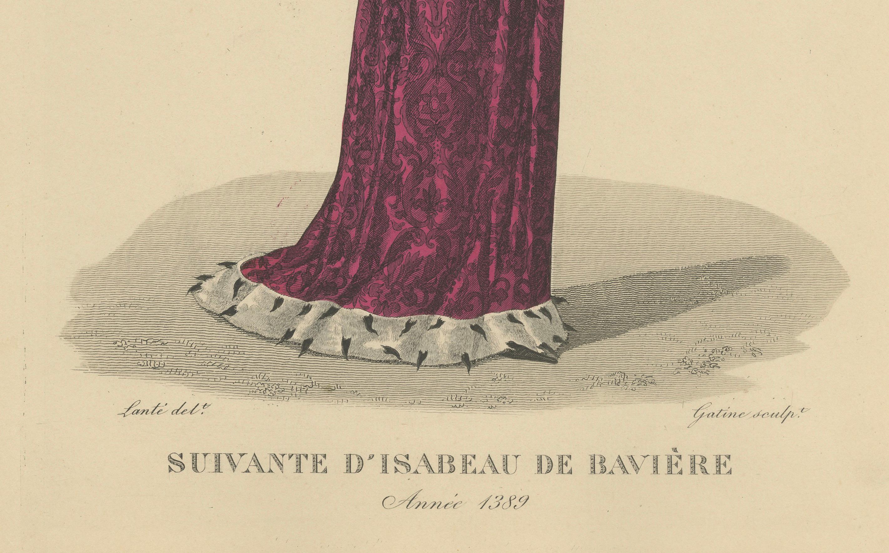 Handkoloriertes Porträt einer Hofdame von Isabeau von Bayern, Frankreich, ca. 1900 (nach 1827)

Fein handkolorierter Kupferstich, der eine Hofdame der Königin Isabeau von Bayern darstellt und auf das Jahr 1389 datiert ist. Die Dargestellte ist in