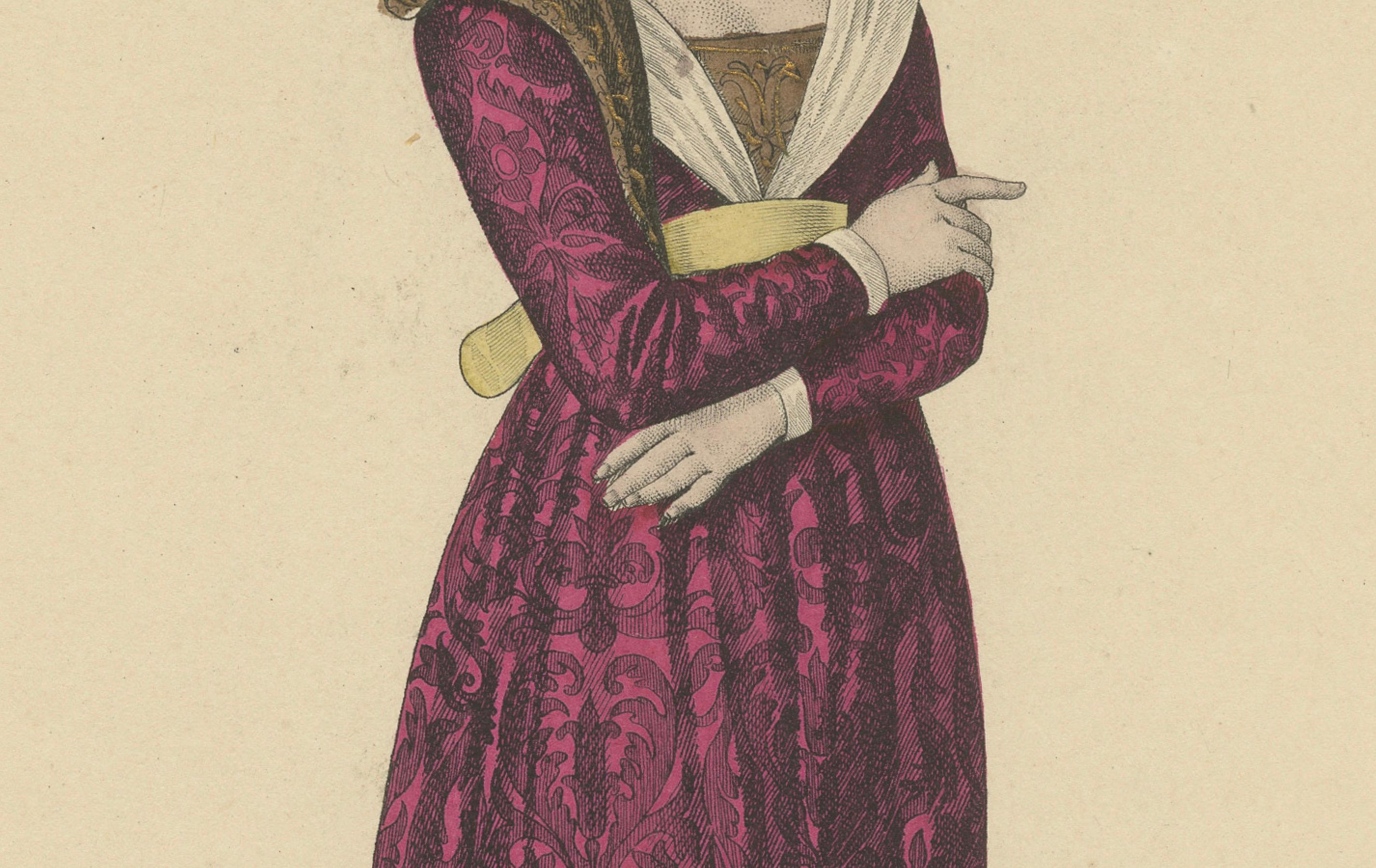 1900 Handkoloriertes Porträt - Französische Hofdame von Isabeau von Bayern (Graviert) im Angebot