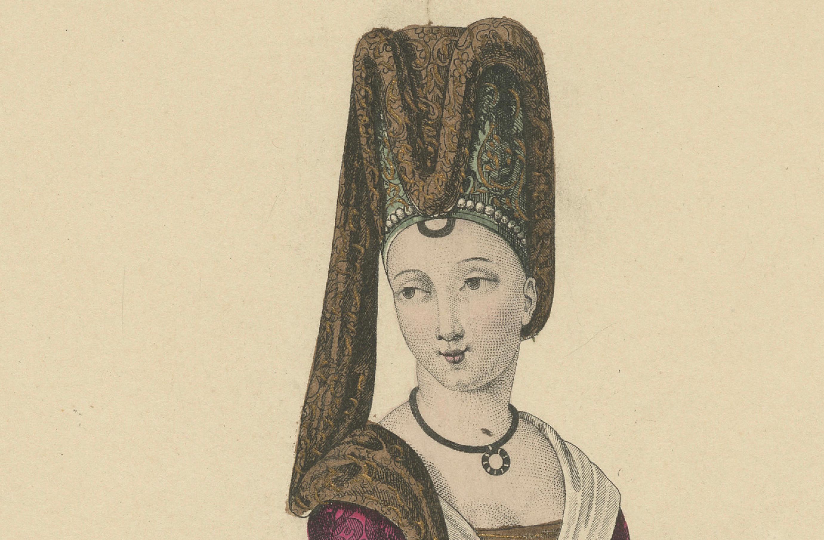 1900 Handkoloriertes Porträt - Französische Hofdame von Isabeau von Bayern im Zustand „Gut“ im Angebot in Langweer, NL