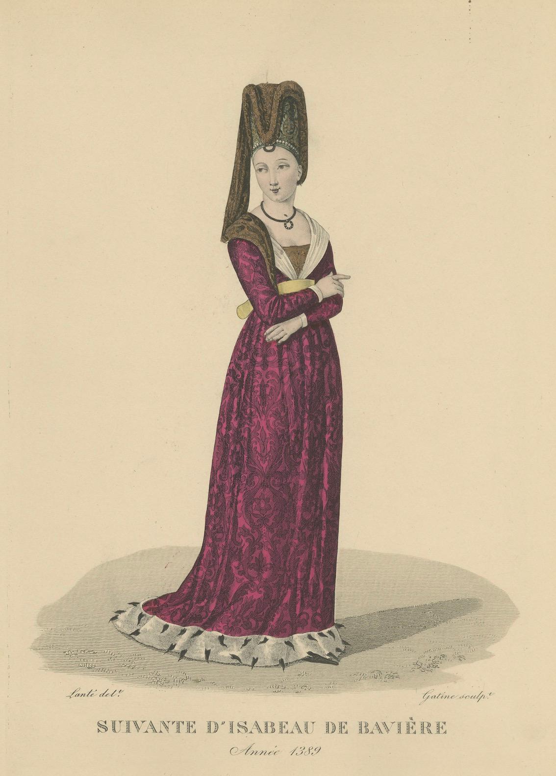 1900 Handkoloriertes Porträt - Französische Hofdame von Isabeau von Bayern (20. Jahrhundert) im Angebot