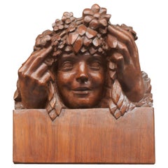 1900 Head of a Girl with Flowers Art Nouveau Sculpture in Patinated Wood