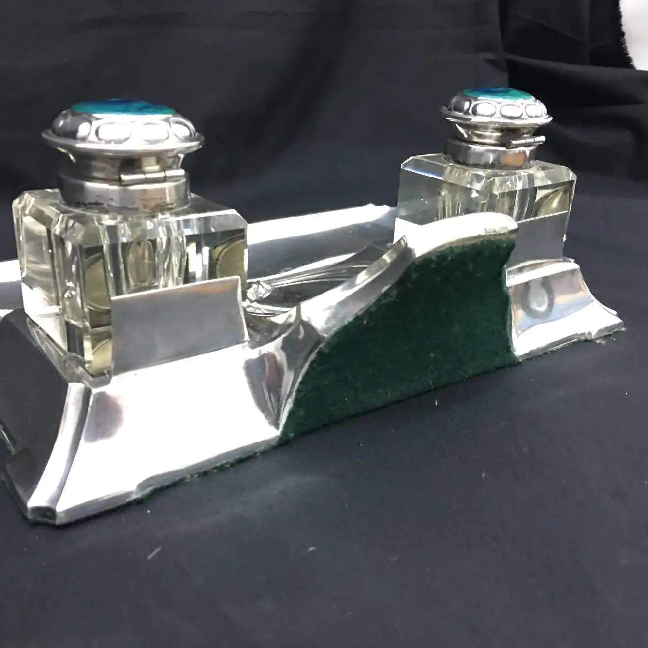 1900, High Quality Art Nouveau Silver Plated and Enamels German Inkwell For Sale 1