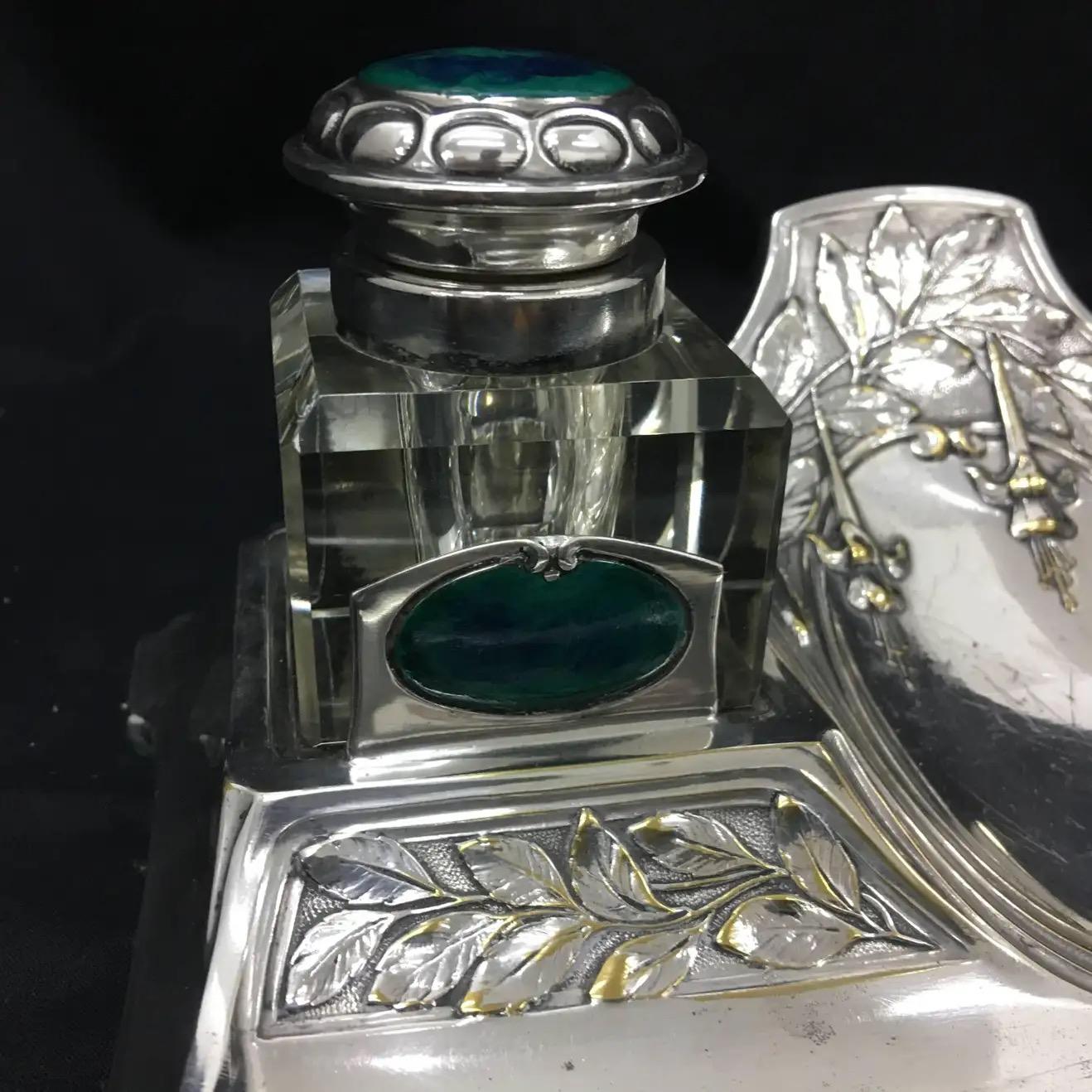 1900, High Quality Art Nouveau Silver Plated and Enamels German Inkwell For Sale 3