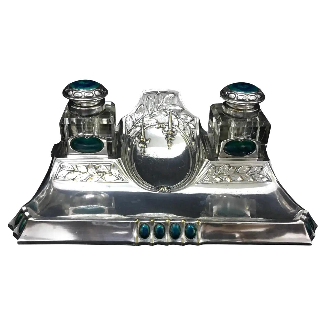 1900, High Quality Art Nouveau Silver Plated and Enamels German Inkwell For Sale