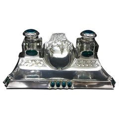 1900, High Quality Art Nouveau Silver Plated and Enamels German Inkwell