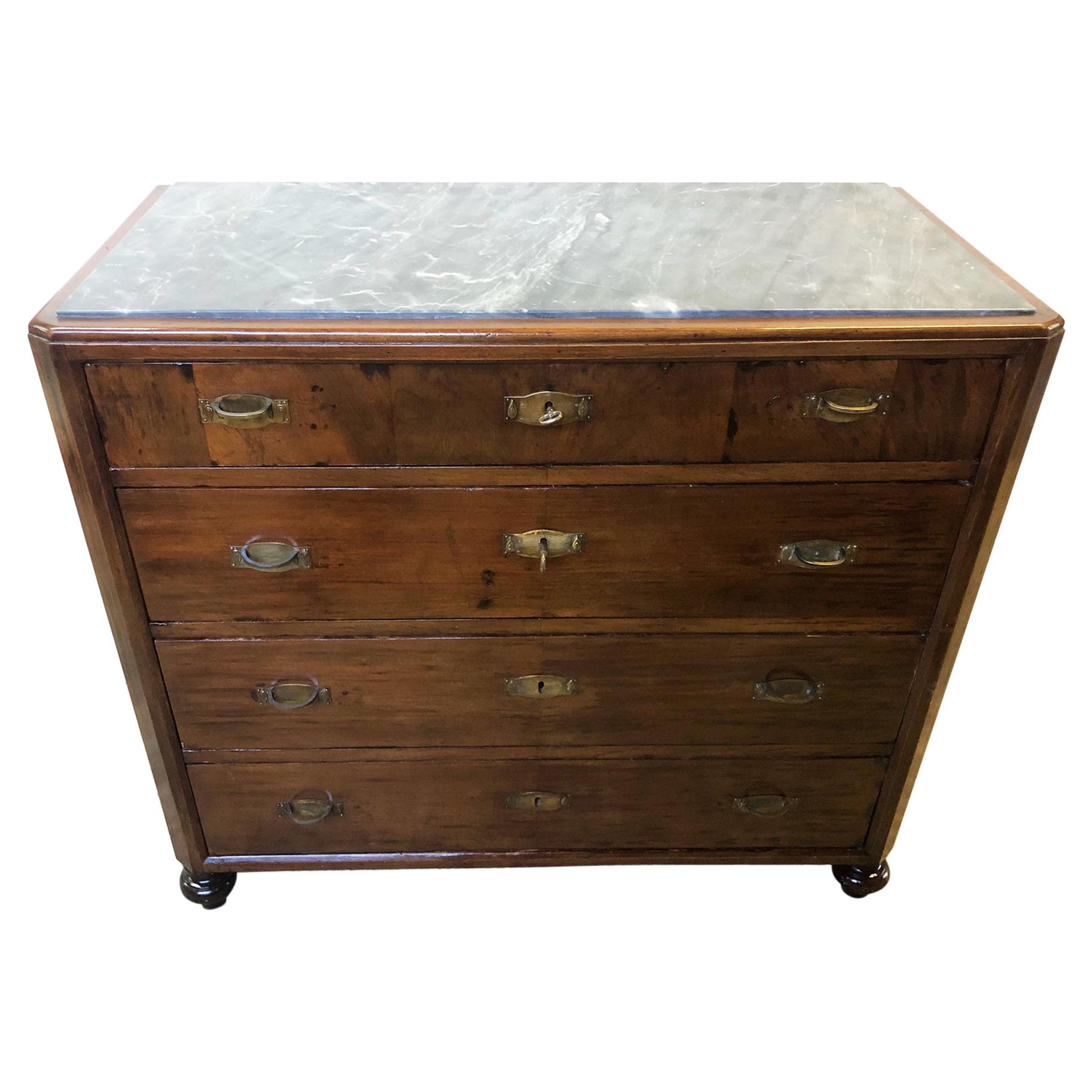 Original Italian Chest of Drawers Walnut on Fir with Four Drawers Gray Marble For Sale