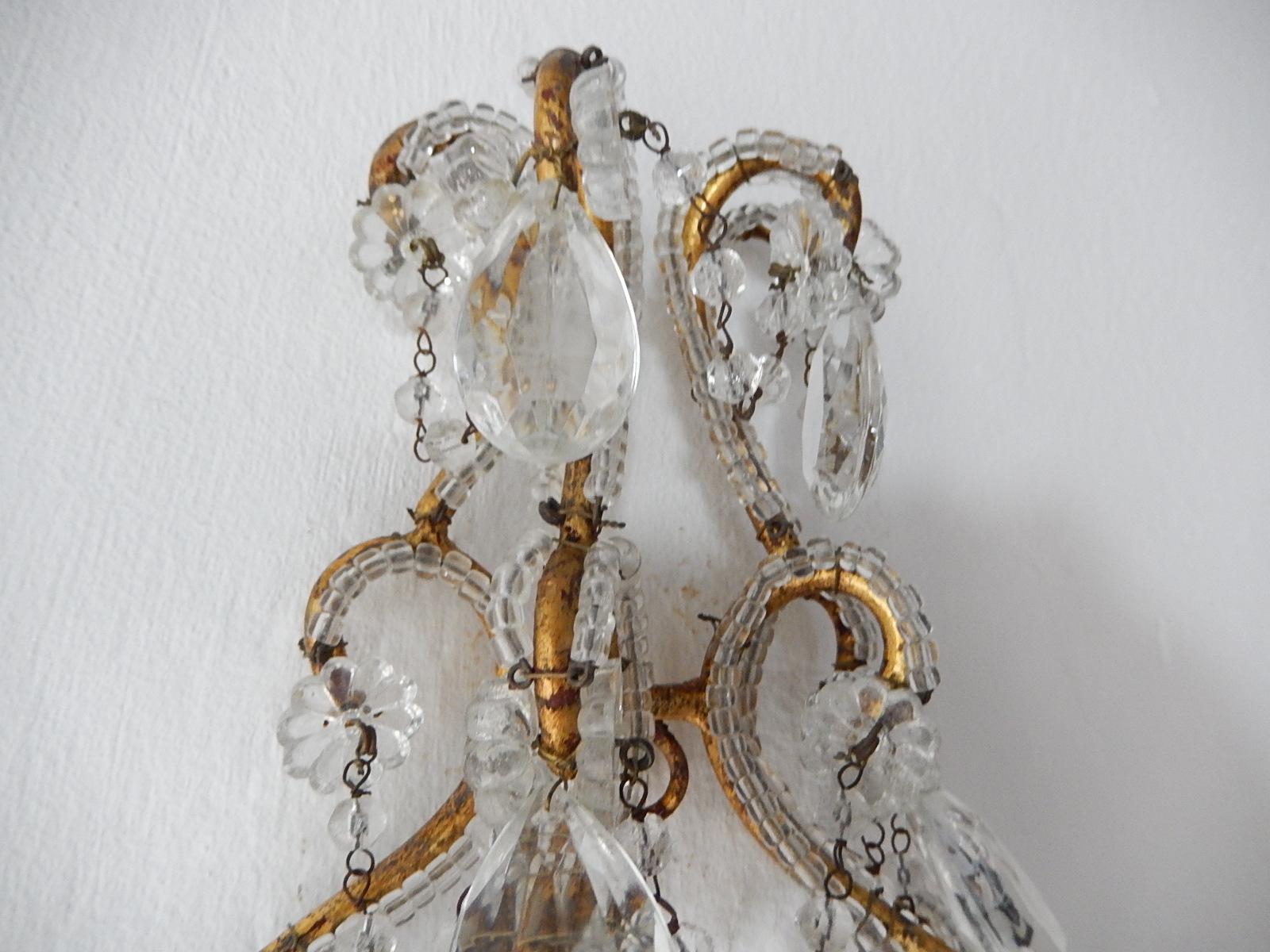 1900 Italian Rococo Beaded Crystal Prisms Gold Gilt Sconces For Sale 5