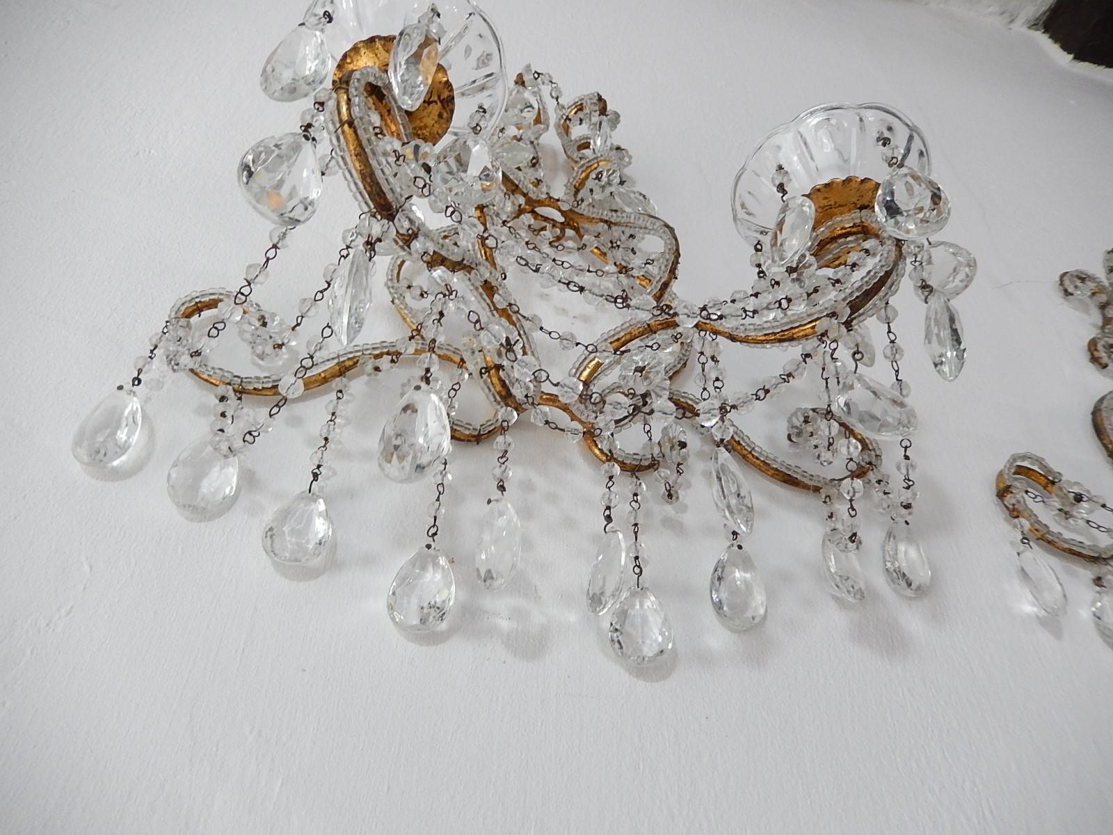 1900 Italian Rococo Beaded Crystal Prisms Gold Gilt Sconces For Sale 6