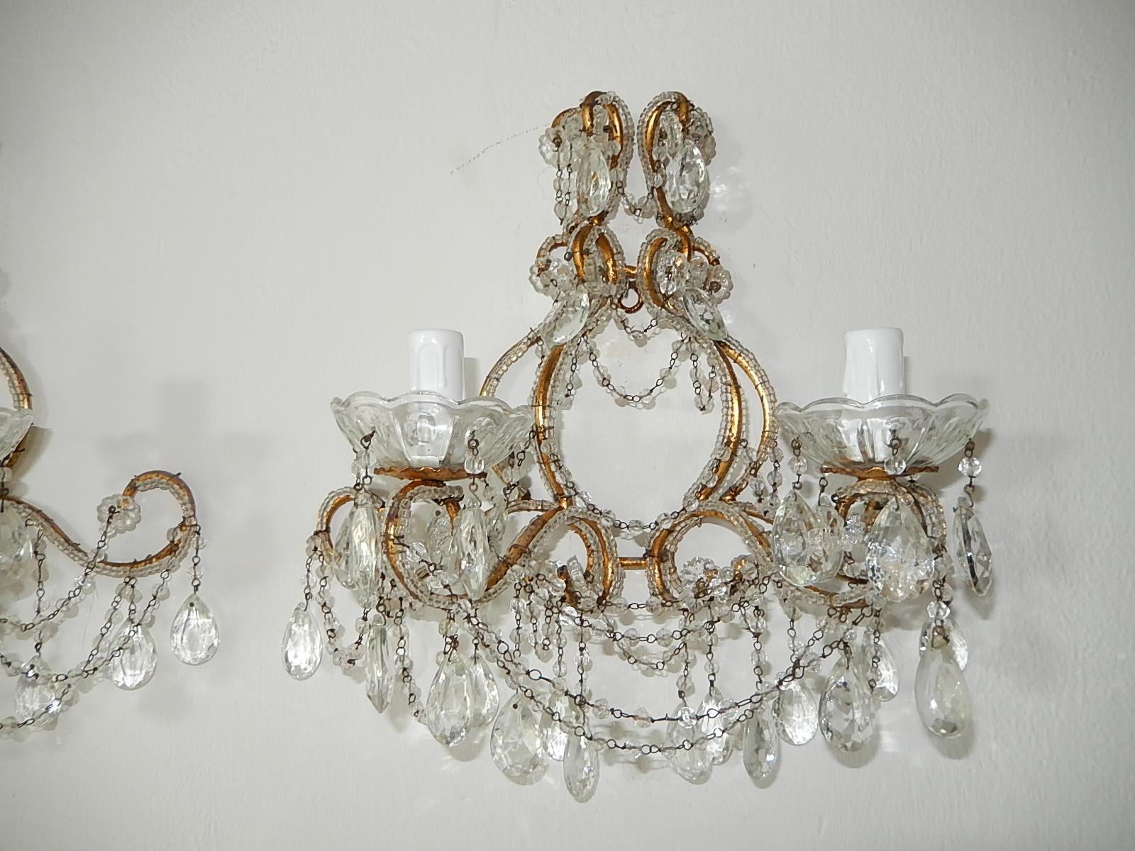 Murano Glass 1900 Italian Rococo Beaded Crystal Prisms Gold Gilt Sconces For Sale
