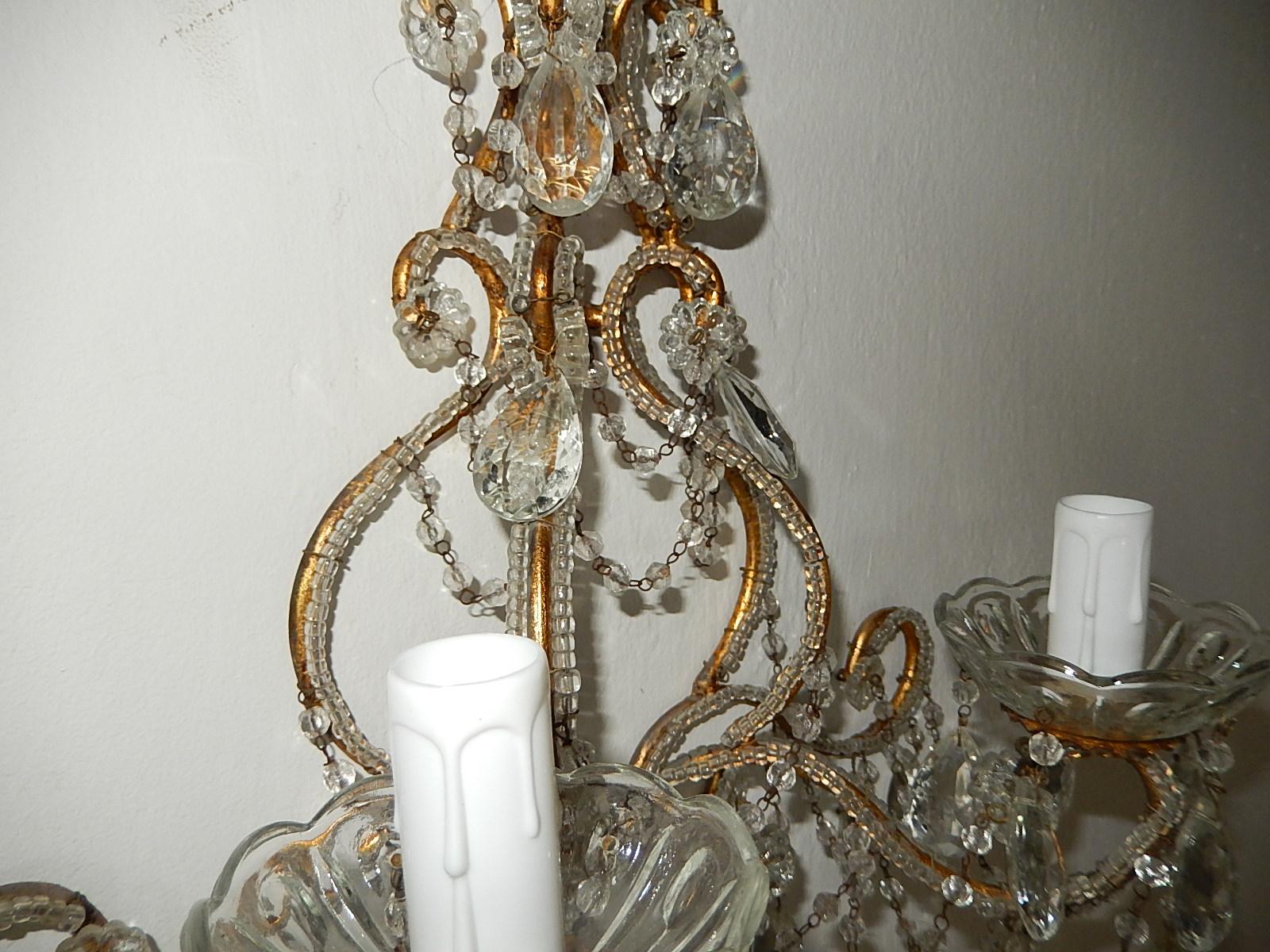 1900 Italian Rococo Beaded Crystal Prisms Gold Gilt Sconces For Sale 1