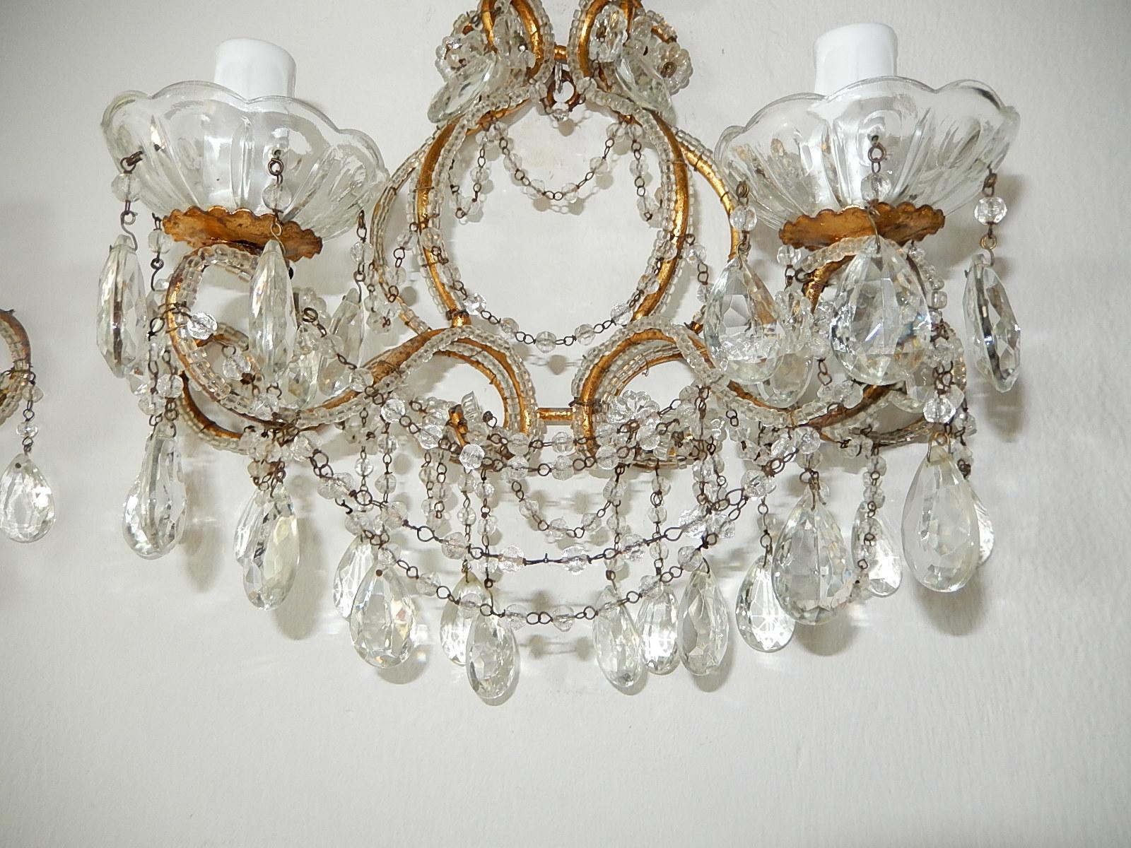 1900 Italian Rococo Beaded Crystal Prisms Gold Gilt Sconces For Sale 3