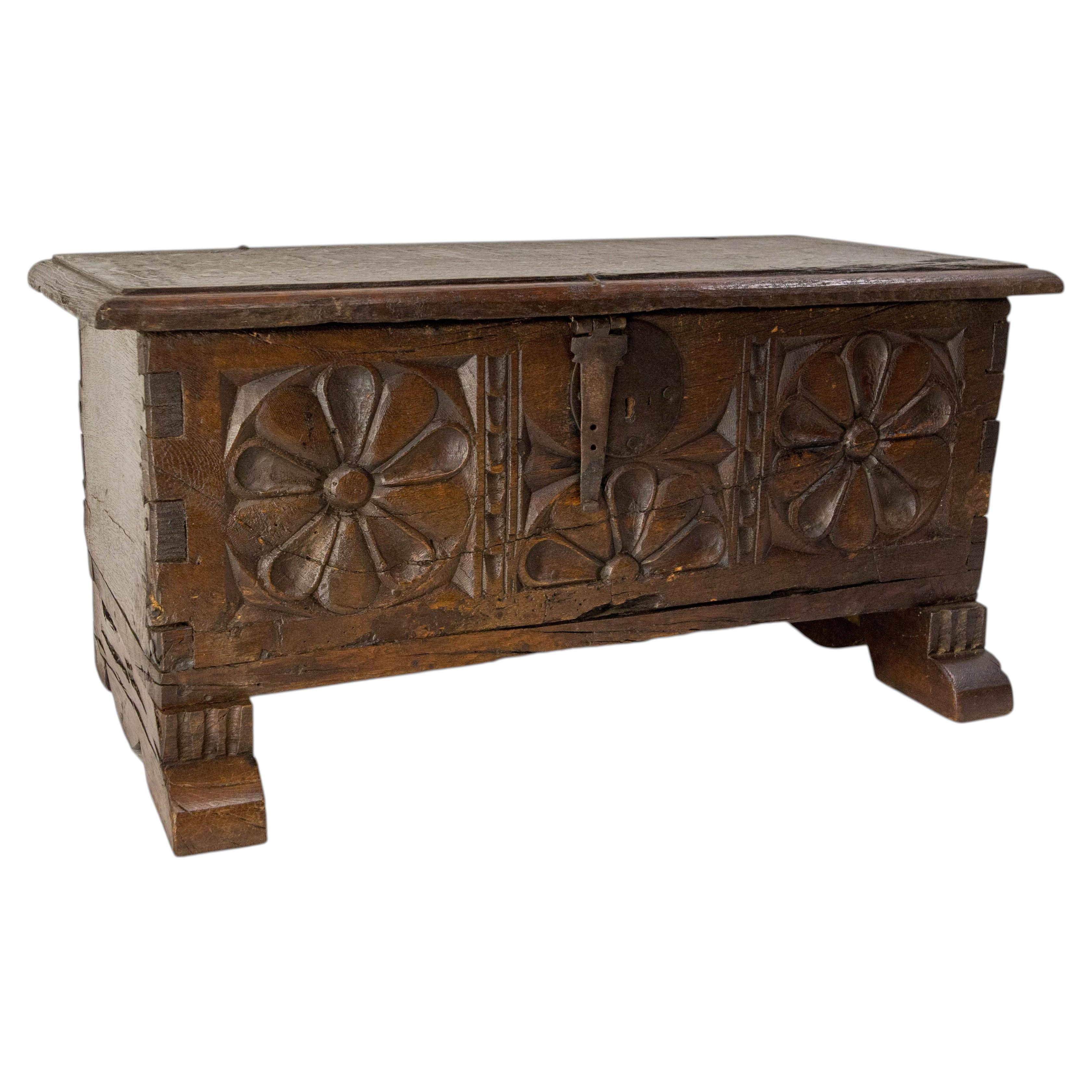 1900 Little Rustic Chest or Coffer Gothic Carved Oak & Wrought Iron, French For Sale