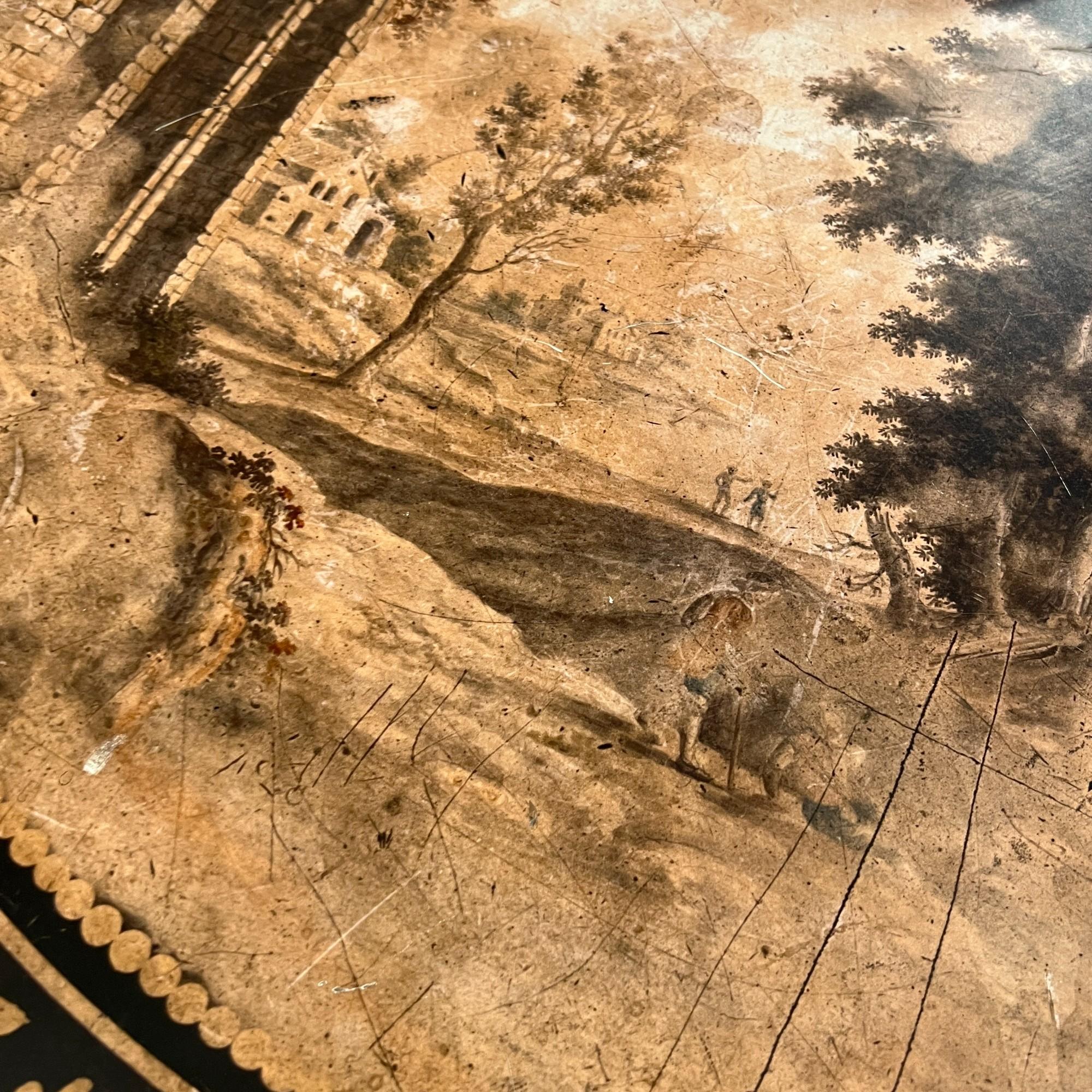 Une table néoclassique 1900 en grisaille sépia avec une base en fer est une pièce raffinée et intemporelle qui fusionne magnifiquement l'art et la fonctionnalité. La technique de la grisaille - peinture en camaïeu de noir et de sépia - dépeint une