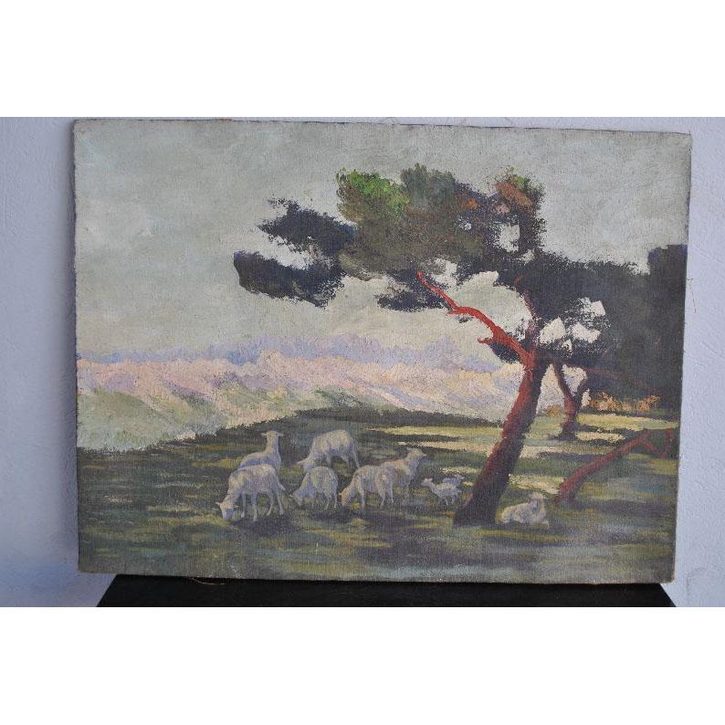 Provencal landscape large format. French school Baudin signed late 19th canvas.