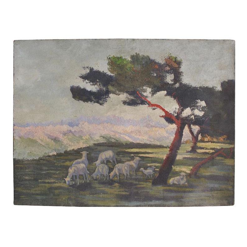 Peint à la main Peinture à l'huile sur toile de 1900 - Scène pastorale en vente