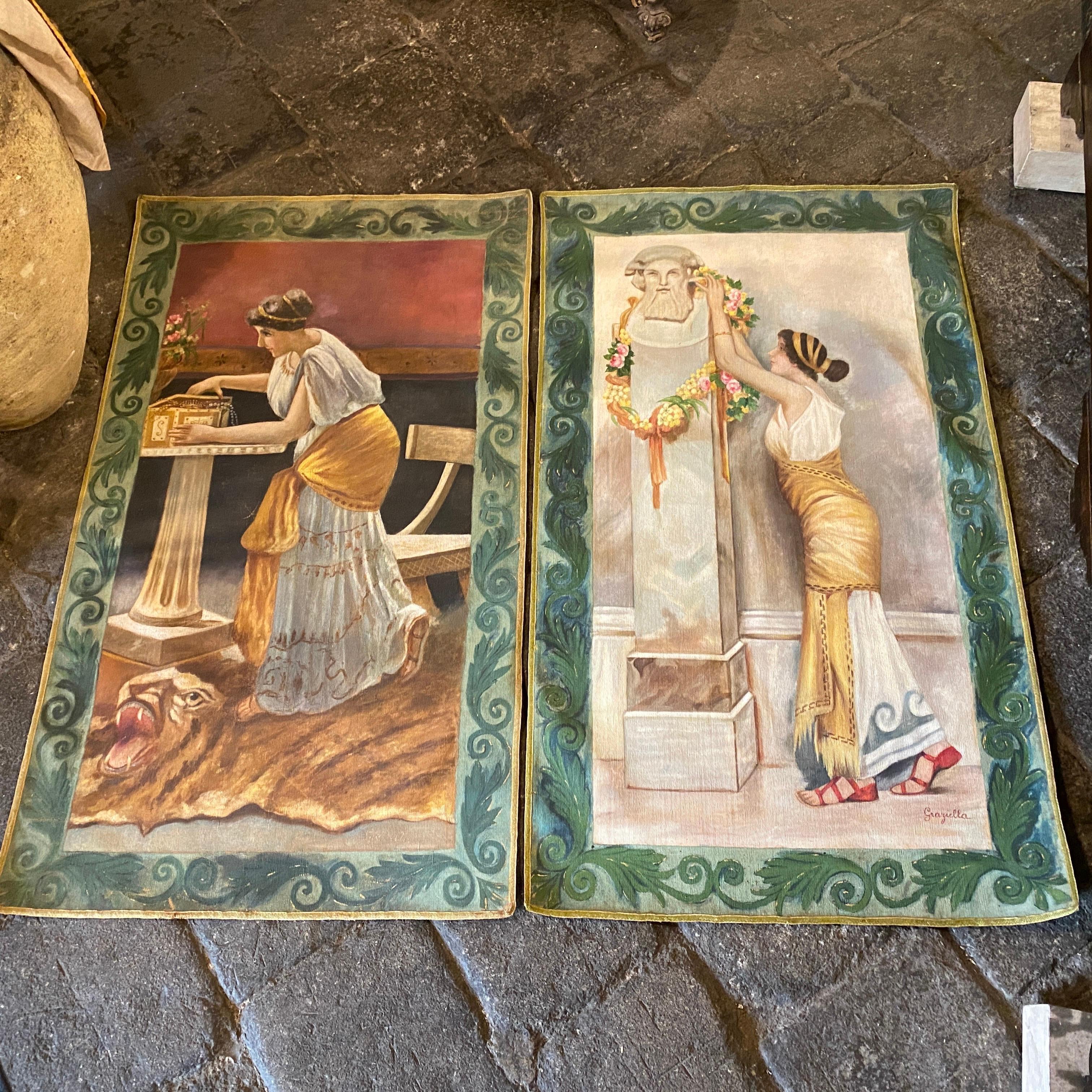 Rare pair of big art nouveau paintings on fabric hand-painted in Sicily in 1900, they are signed Graziella, paintings have neoclassical motifs. They are in very good conditions considering age.