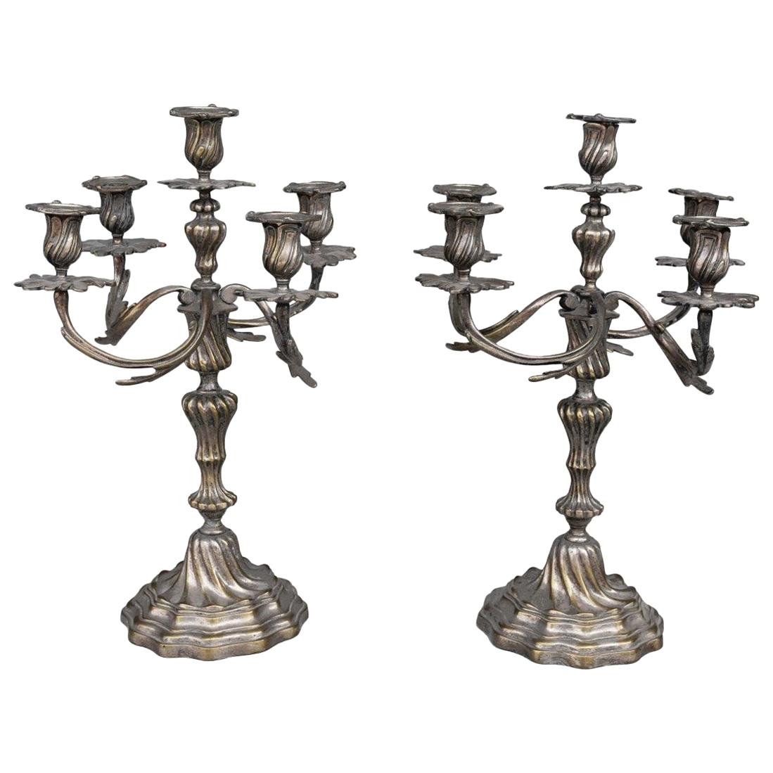 1900 Pair of Candlestick Louis XV Style Silver Plated 6 Lights For Sale