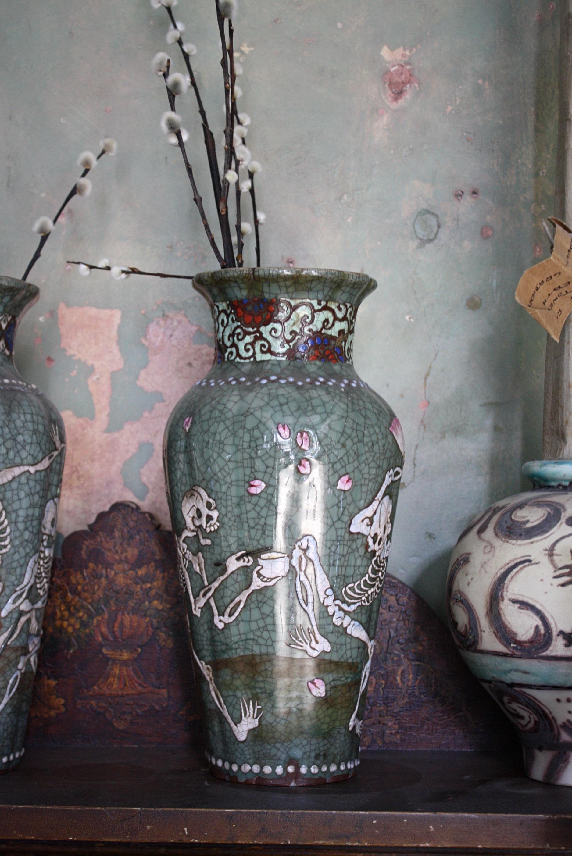 Early 20th Century 1900 Pair of Japanese Asian Oriental Seto Ware Skeleton Vases 