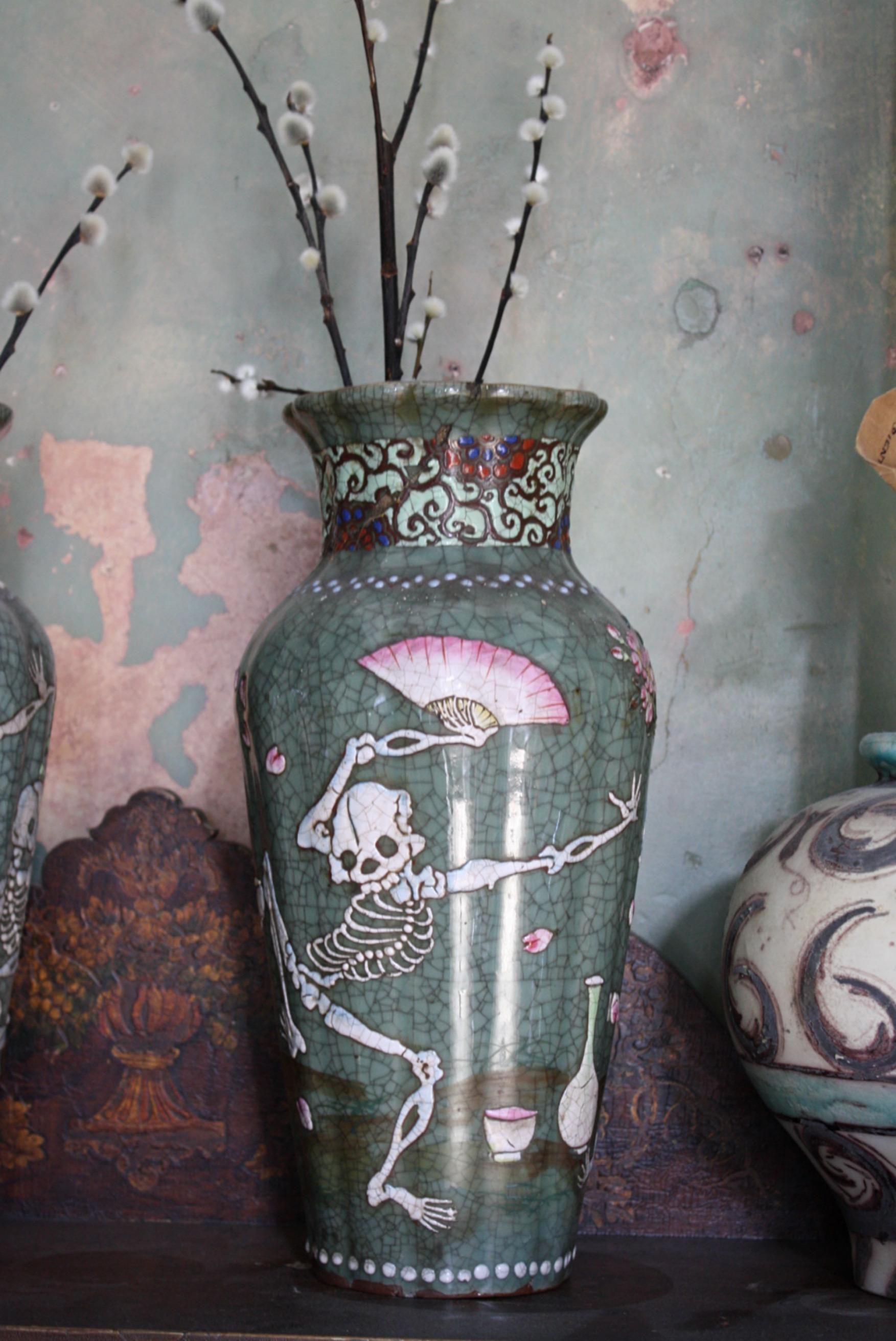 Ceramic 1900 Pair of Japanese Asian Oriental Seto Ware Skeleton Vases 