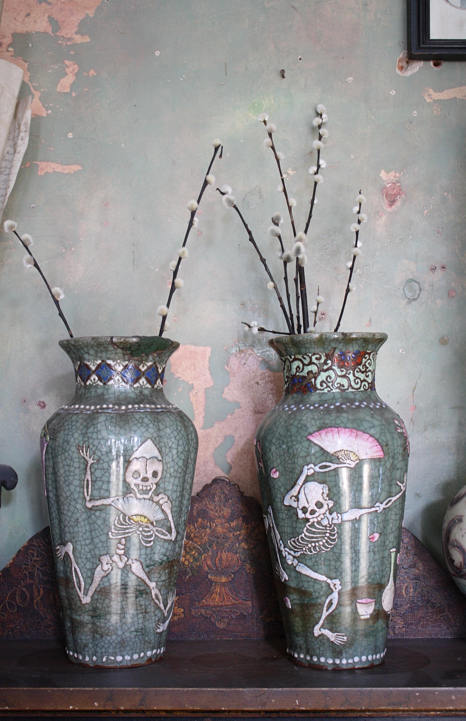 1900 Pair of Japanese Asian Oriental Seto Ware Skeleton Vases  2