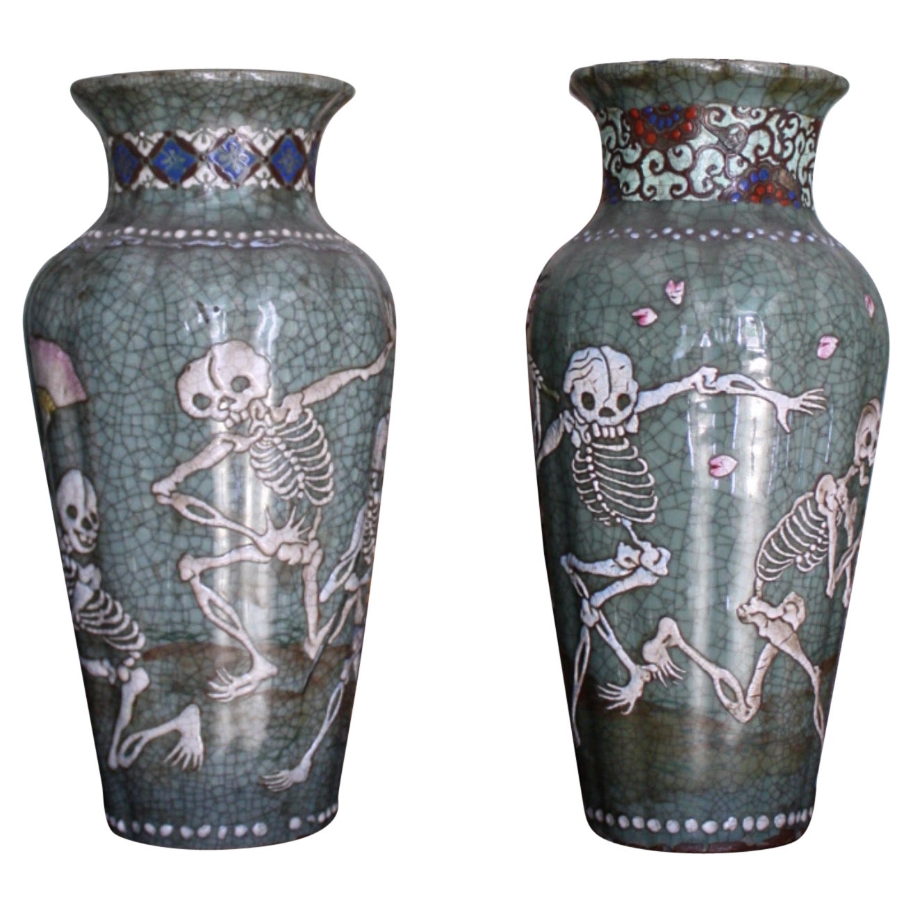 1900 Pair of Japanese Asian Oriental Seto Ware Skeleton Vases