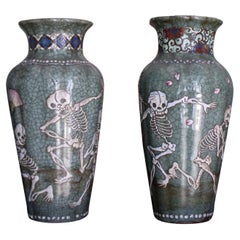 1900 Pair of Japanese Asian Oriental Seto Ware Skeleton Vases