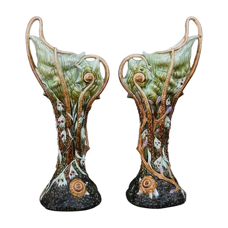 1900 Pair of Vase "barbotine" with Octopus and Shellfish