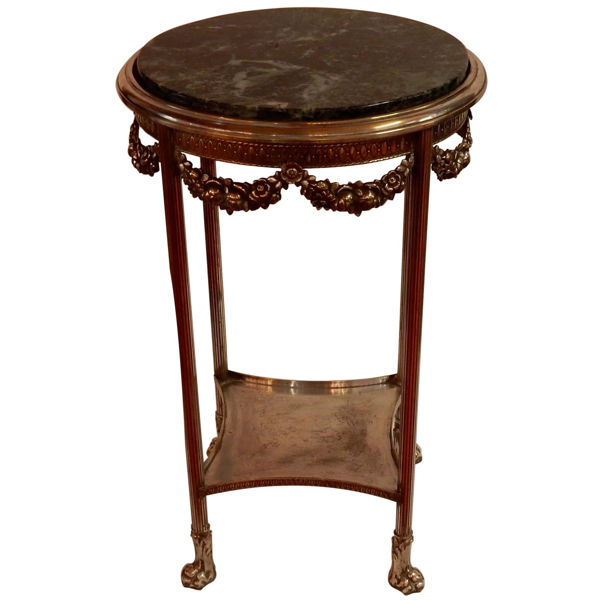 1900 Pedestal Table in Silver Metal, Green Marble