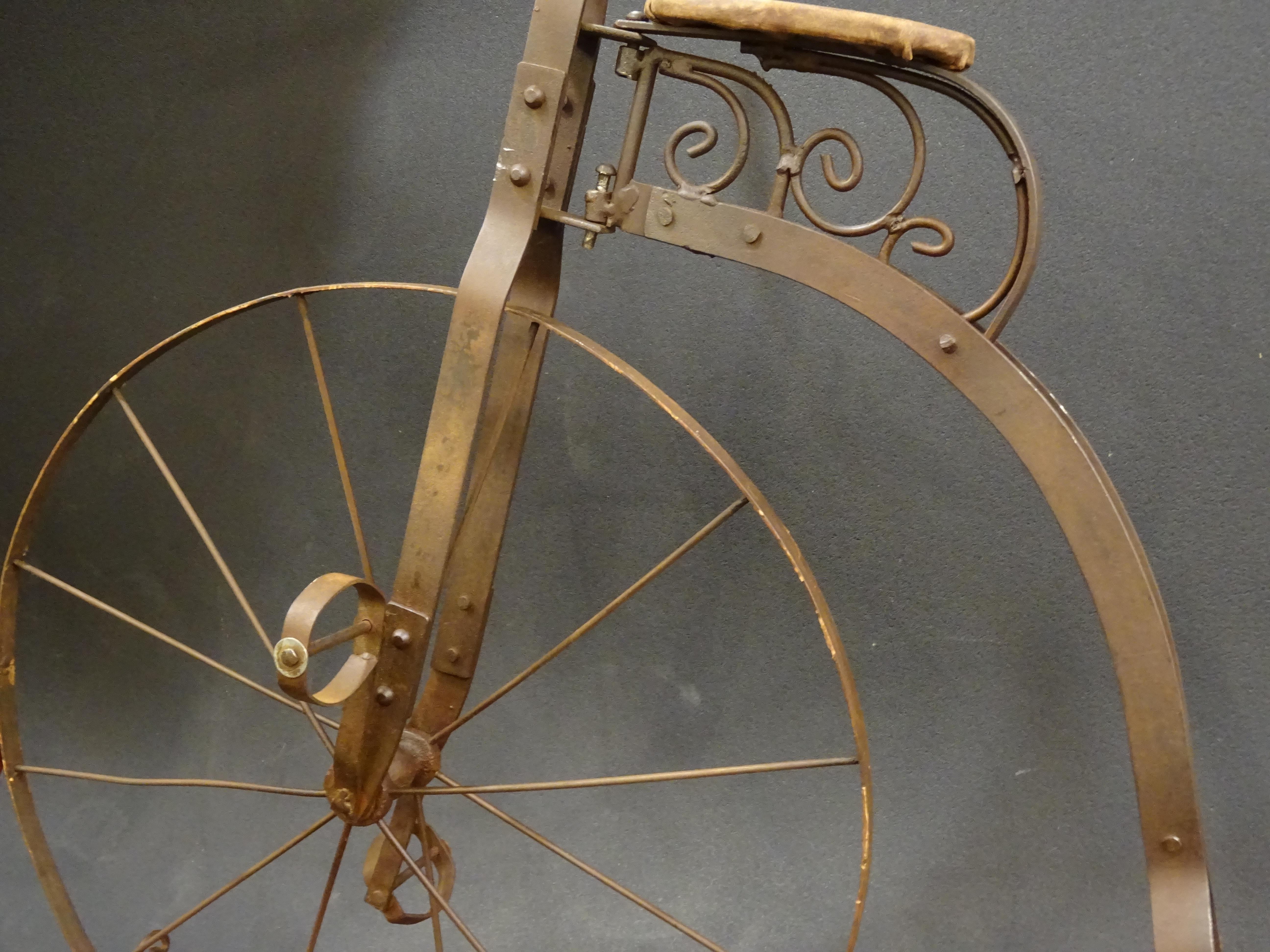 Early 20th Century 1900 Penny-Farthing English  Bycicle , Wrought-Iron, Wood, Leather, for Children