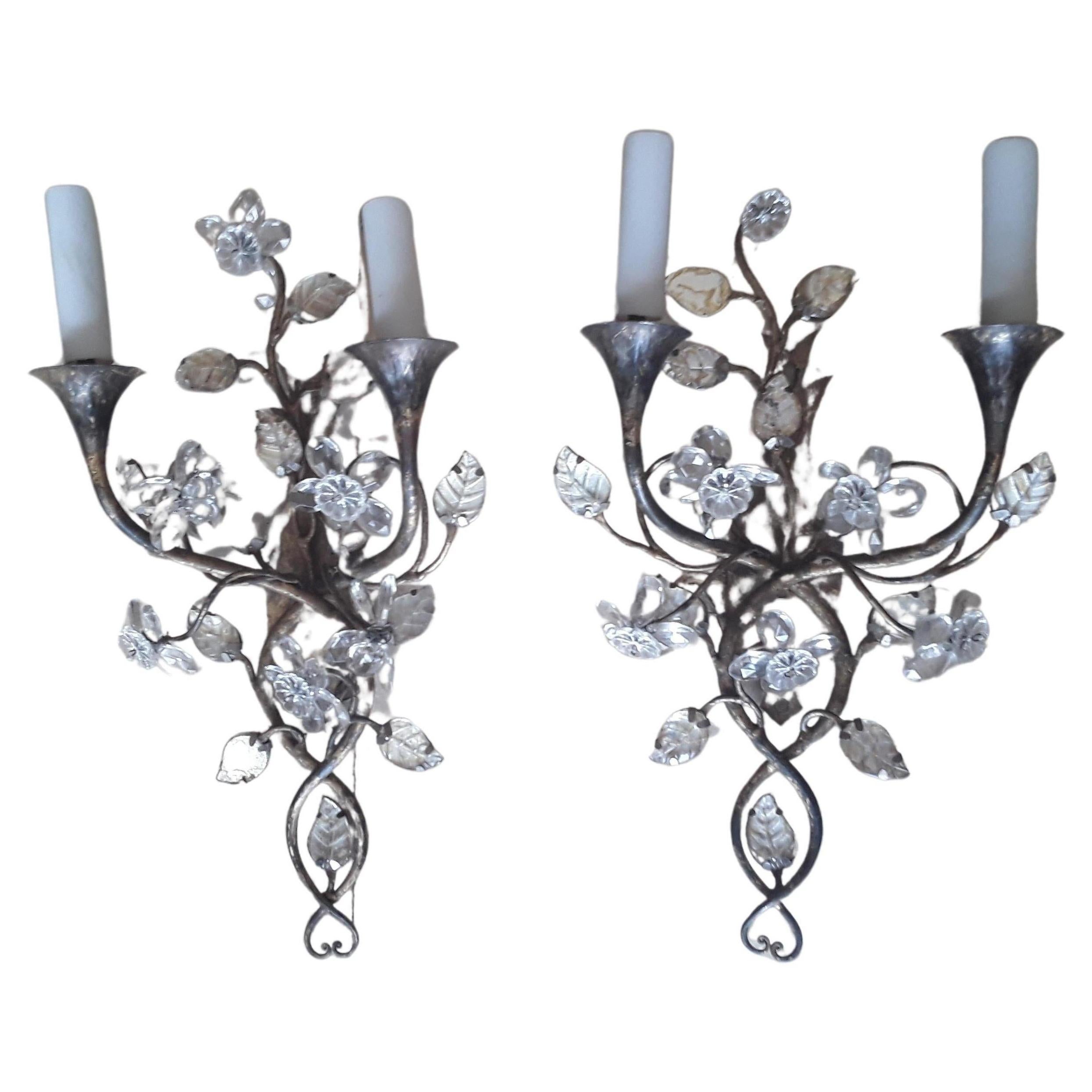 1900 Pr French Art Nouveau Iron w/Crystal Floral Form Wall Sconces Maison Bagues