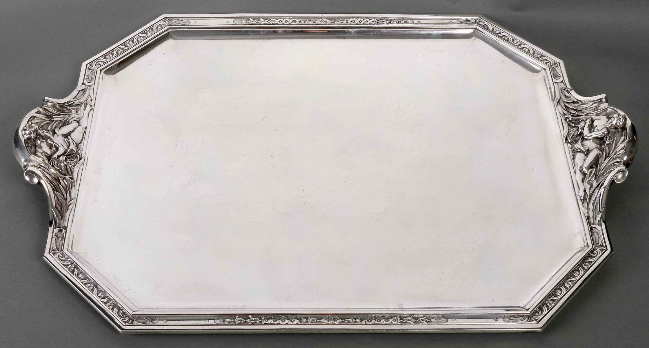 1900 Rare large solid silver tray, poicon with Minerve head,  - Tétard Frères 5
