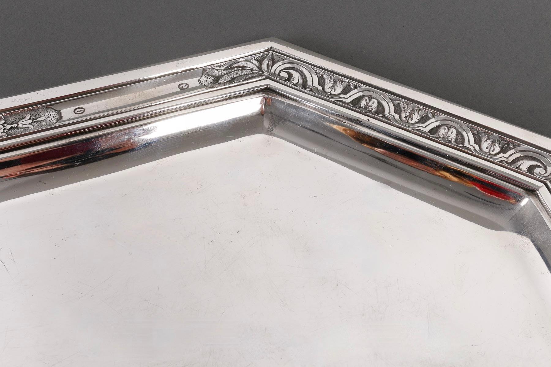Silver Plate 1900 Rare large solid silver tray, poicon with Minerve head,  - Tétard Frères