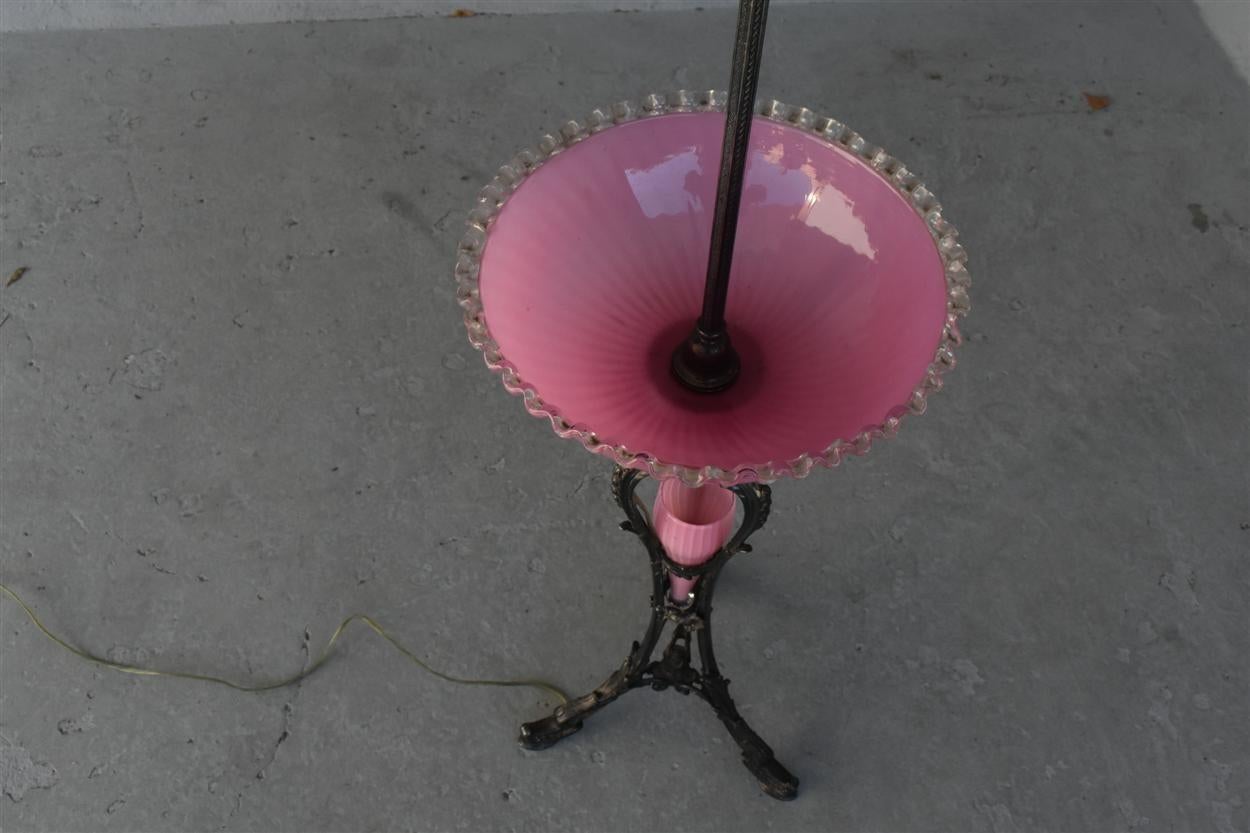 French 1900 Rare Silver Metal Floor Lamp Pink Opaline by Christofle For Sale