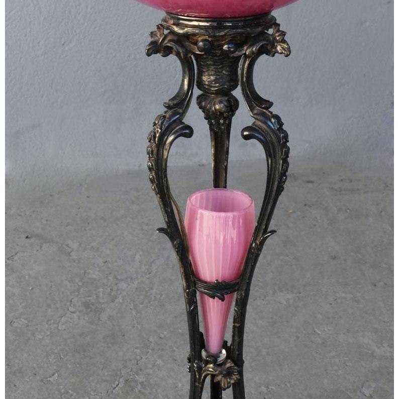 1900 Rare Silver Metal Floor Lamp Pink Opaline by Christofle For Sale 2