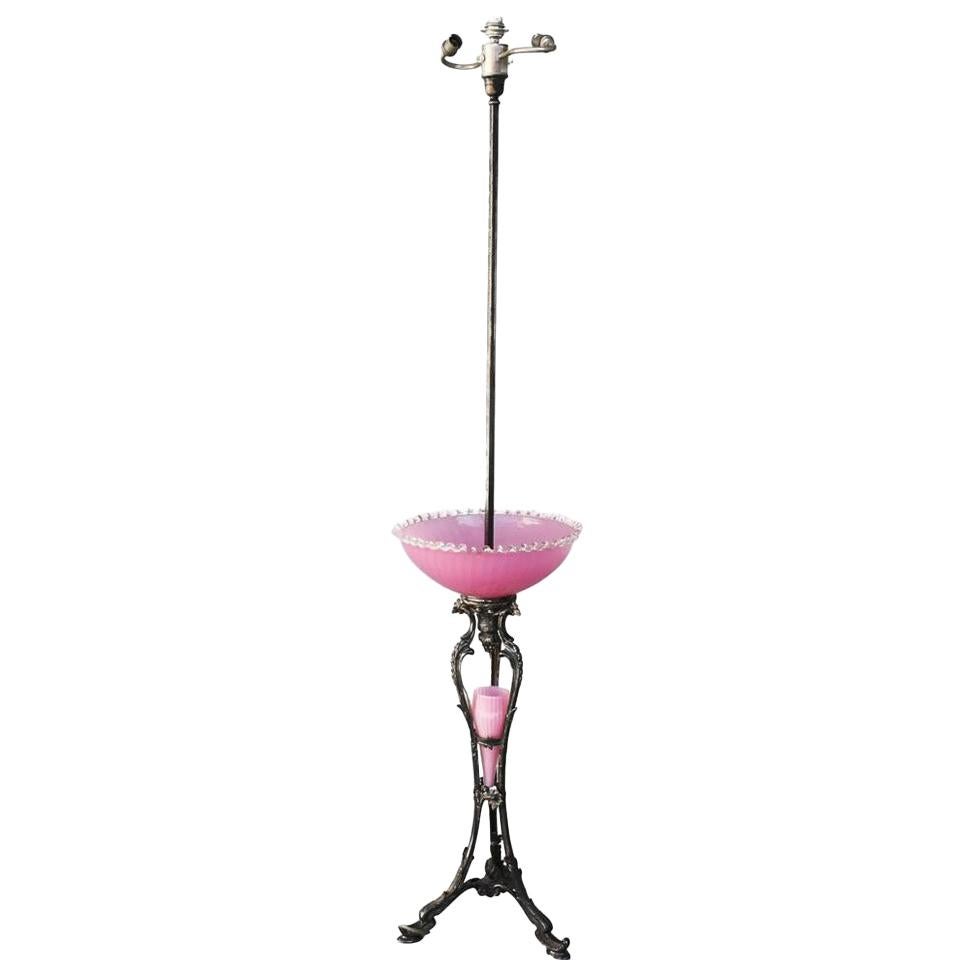 1900 Rare Silver Metal Floor Lamp Pink Opaline by Christofle For Sale