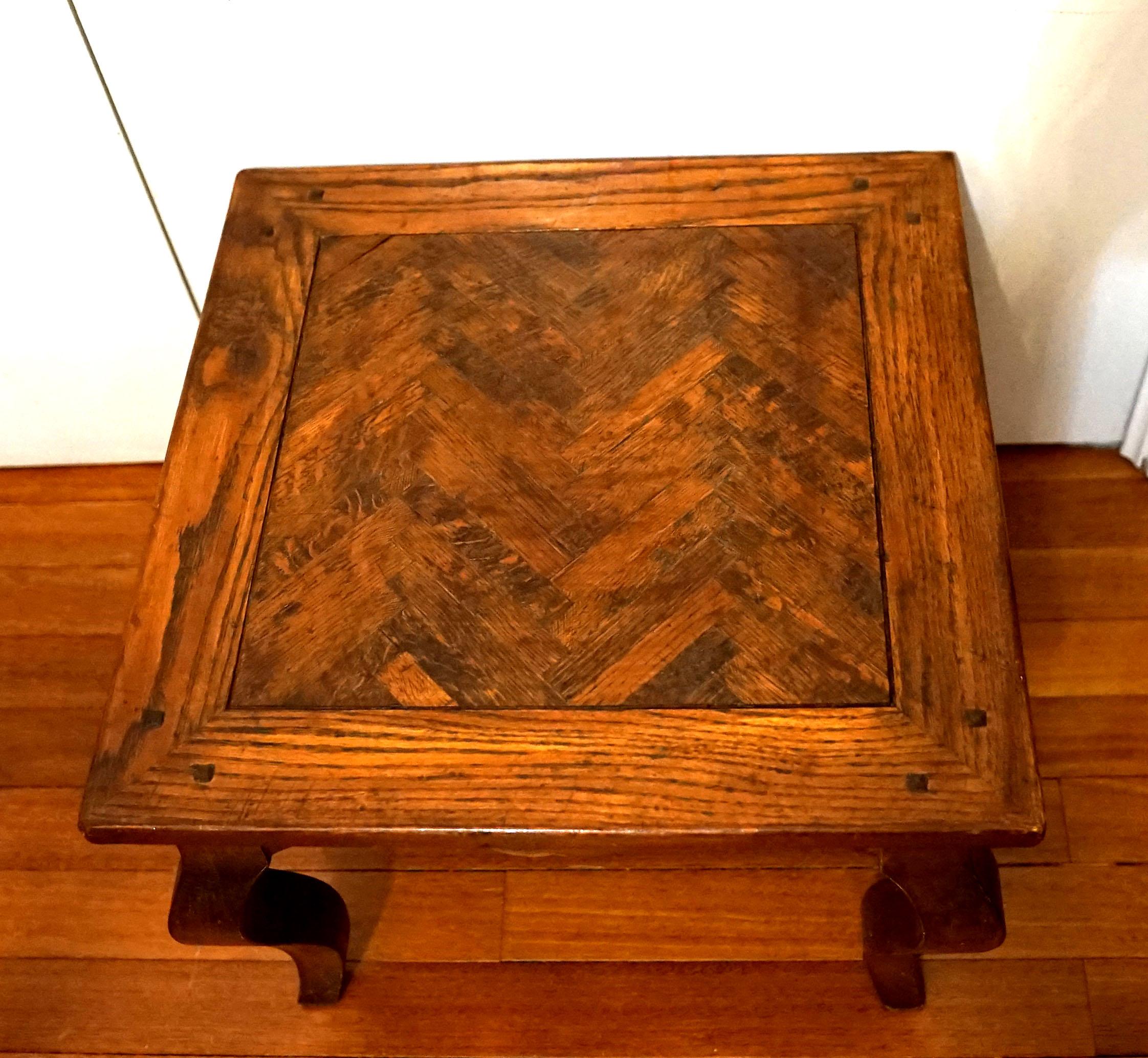 1900 Regence Herringbone Inset Parquetry Oak Table with Cabriole Legs In Fair Condition In Lomita, CA