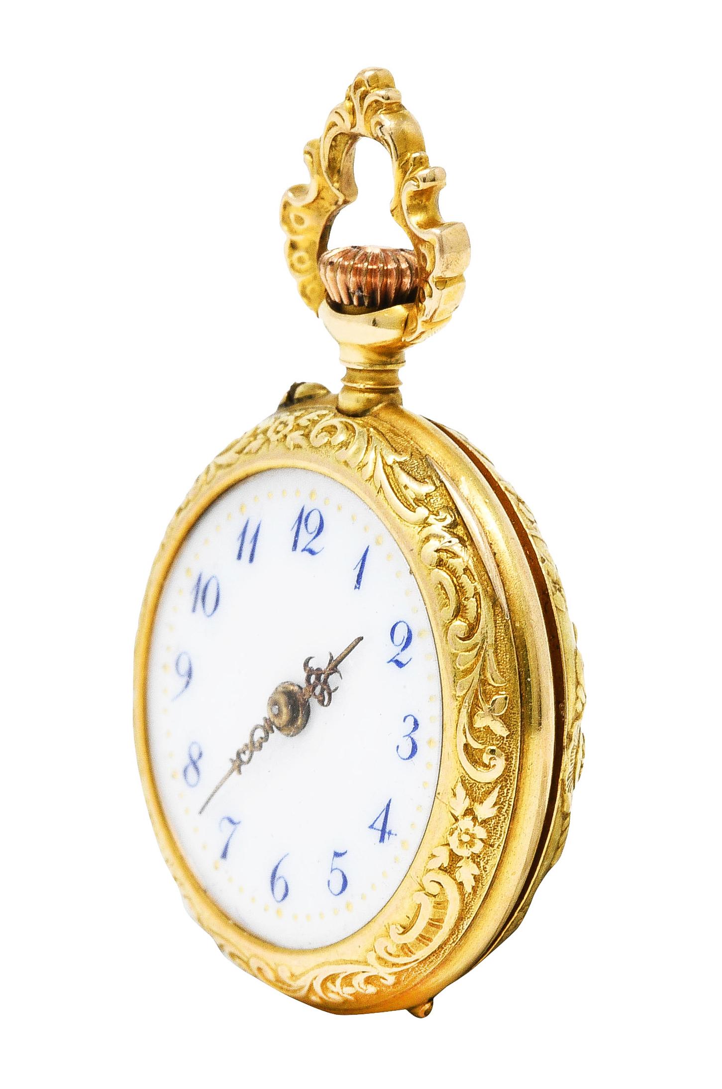 1900 Swiss Art Nouveau Diamond 14 Karat Yellow Gold Cherub Pocket Watch In Excellent Condition In Philadelphia, PA