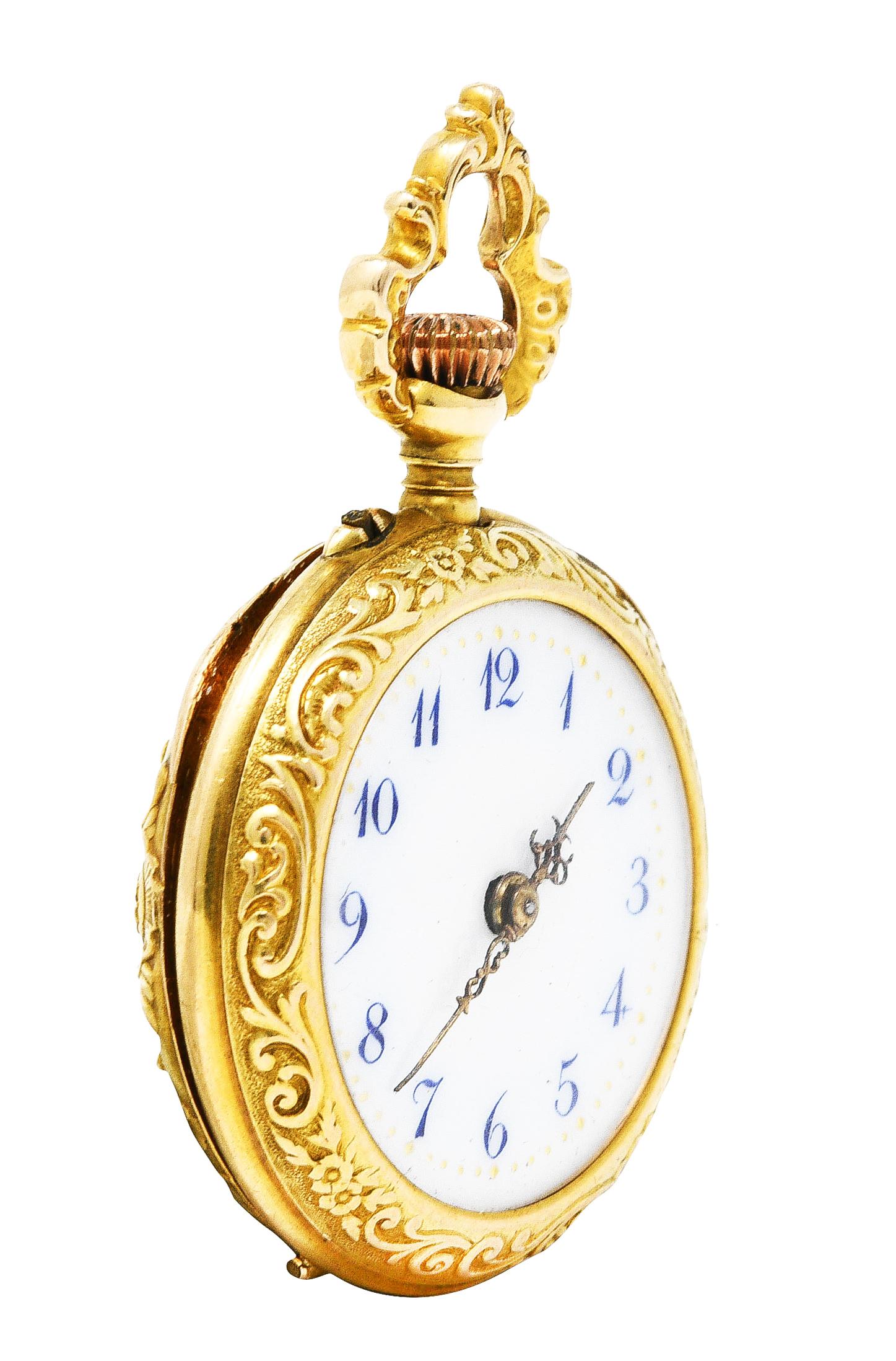 Women's or Men's 1900 Swiss Art Nouveau Diamond 14 Karat Yellow Gold Cherub Pocket Watch