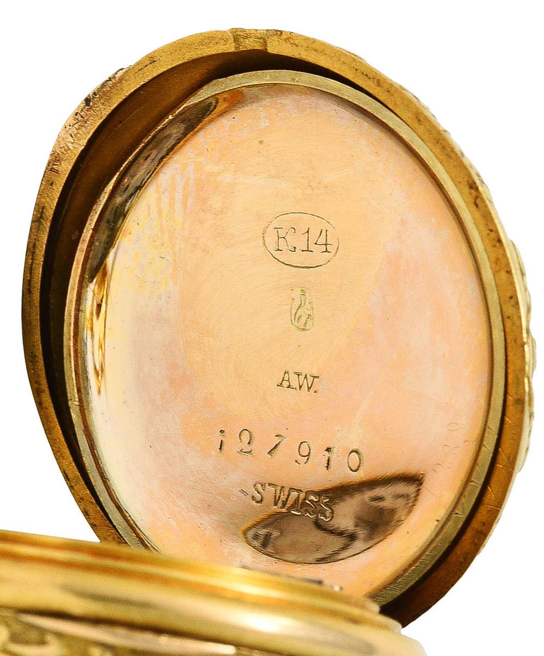 1900 Swiss Art Nouveau Diamond 14 Karat Yellow Gold Cherub Pocket Watch 1