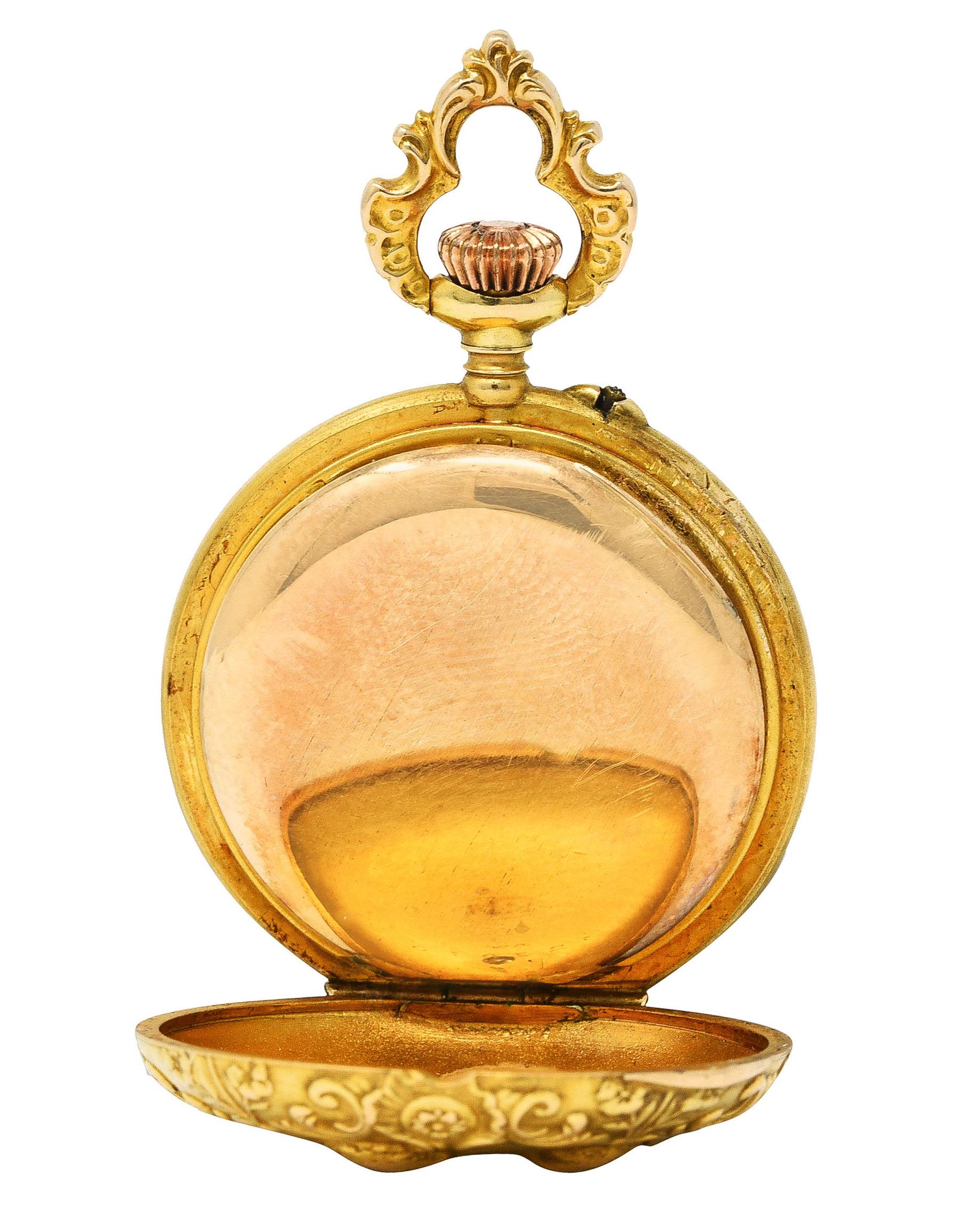 1900 Swiss Art Nouveau Diamond 14 Karat Yellow Gold Cherub Pocket Watch 3