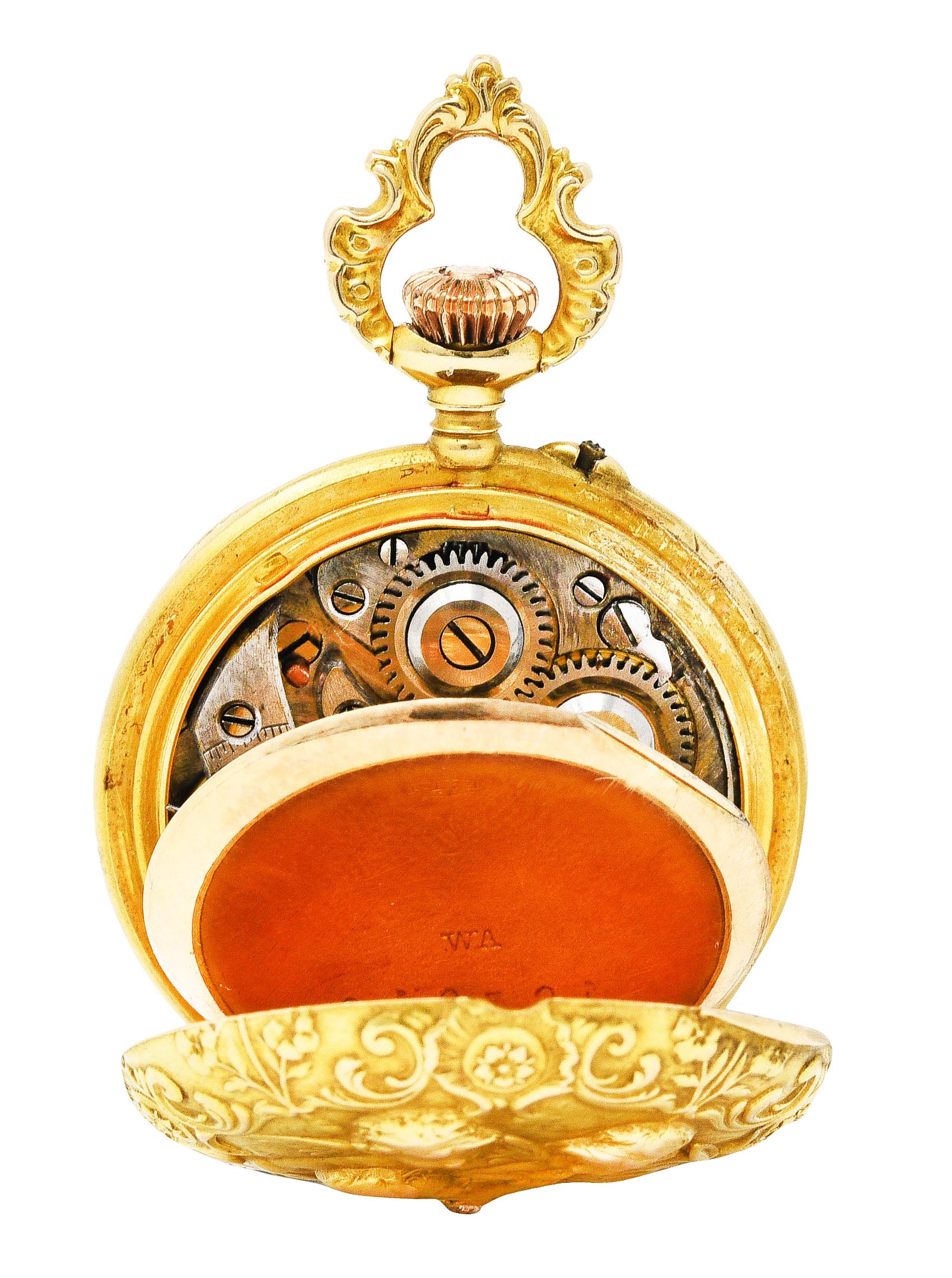 1900 Swiss Art Nouveau Diamond 14 Karat Yellow Gold Cherub Pocket Watch 4
