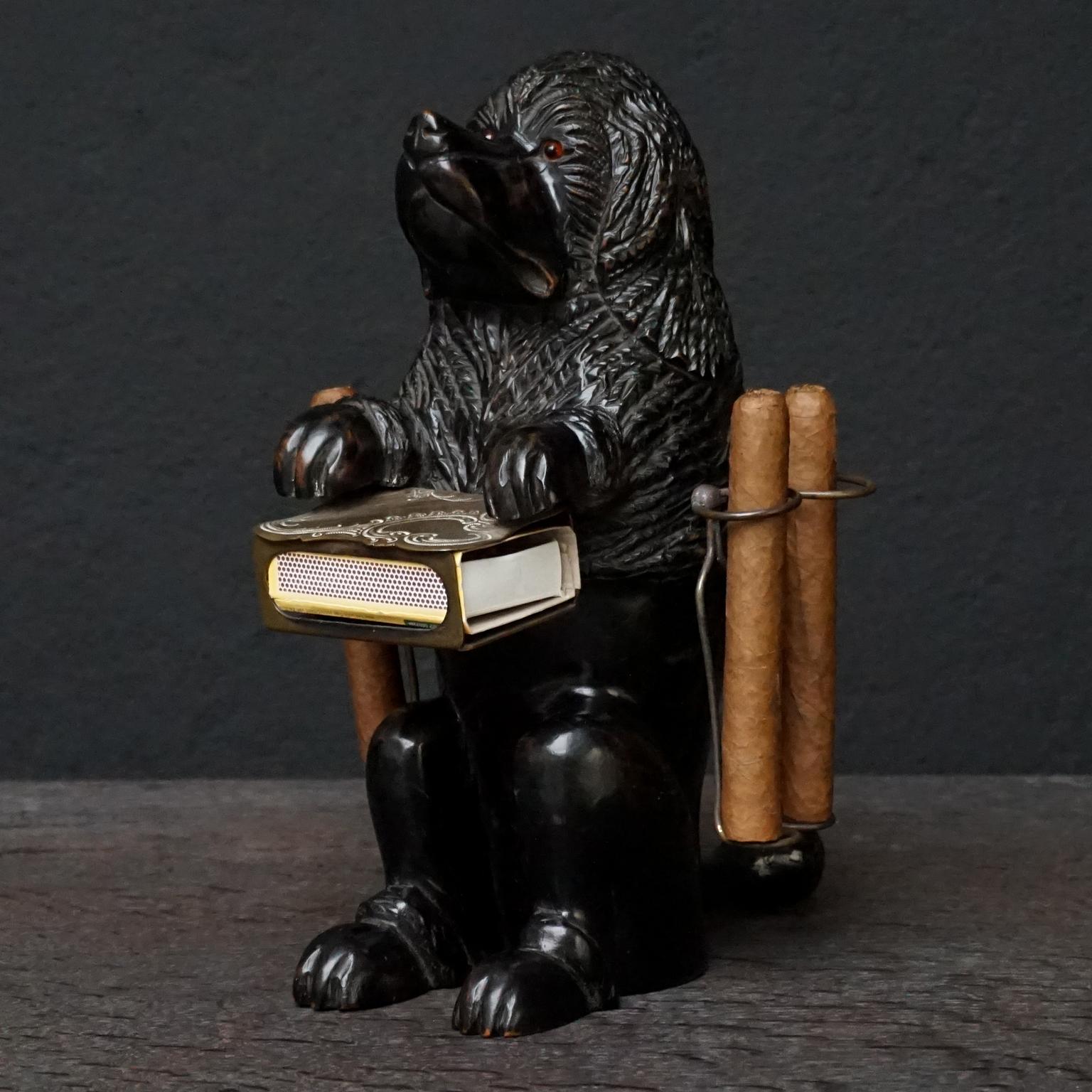 19th Century 1900 Swiss Black Forest Carved Basswood Begging Dog Cigar and Matchbox Holder For Sale