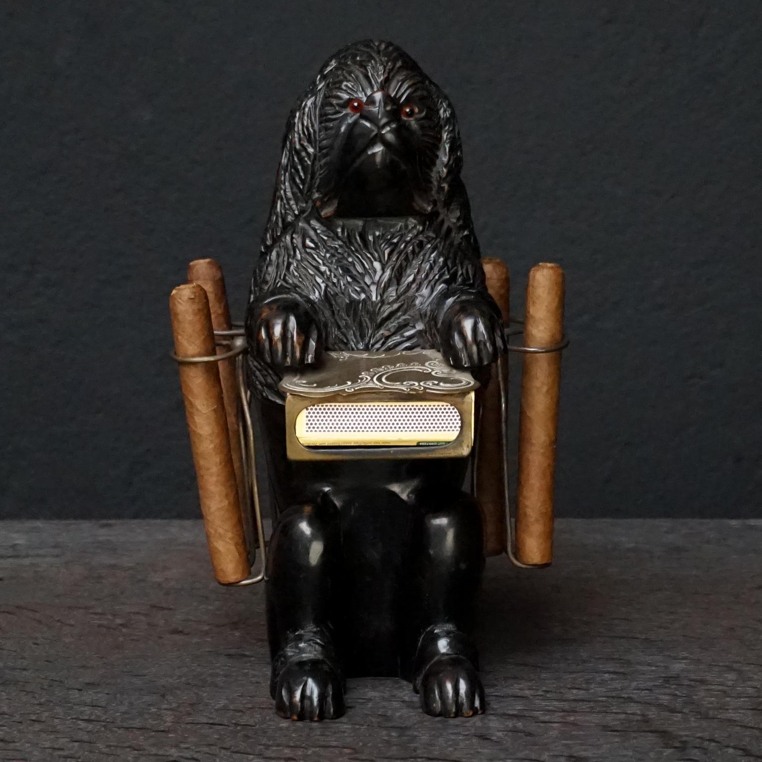 Wood 1900 Swiss Black Forest Carved Basswood Begging Dog Cigar and Matchbox Holder For Sale