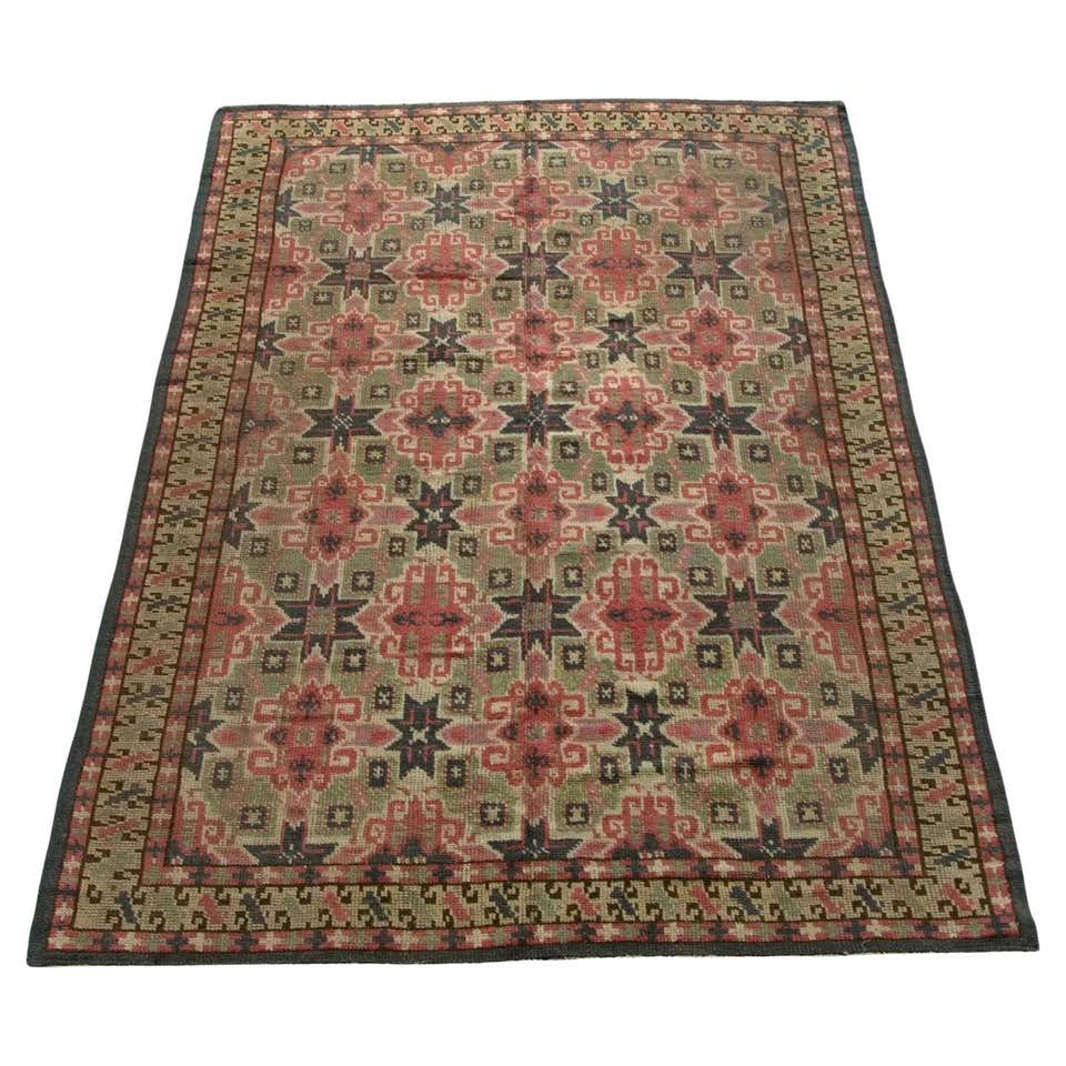 Vintage Turkish Embroidered Rug with Geometric Diamond Design in Green ...