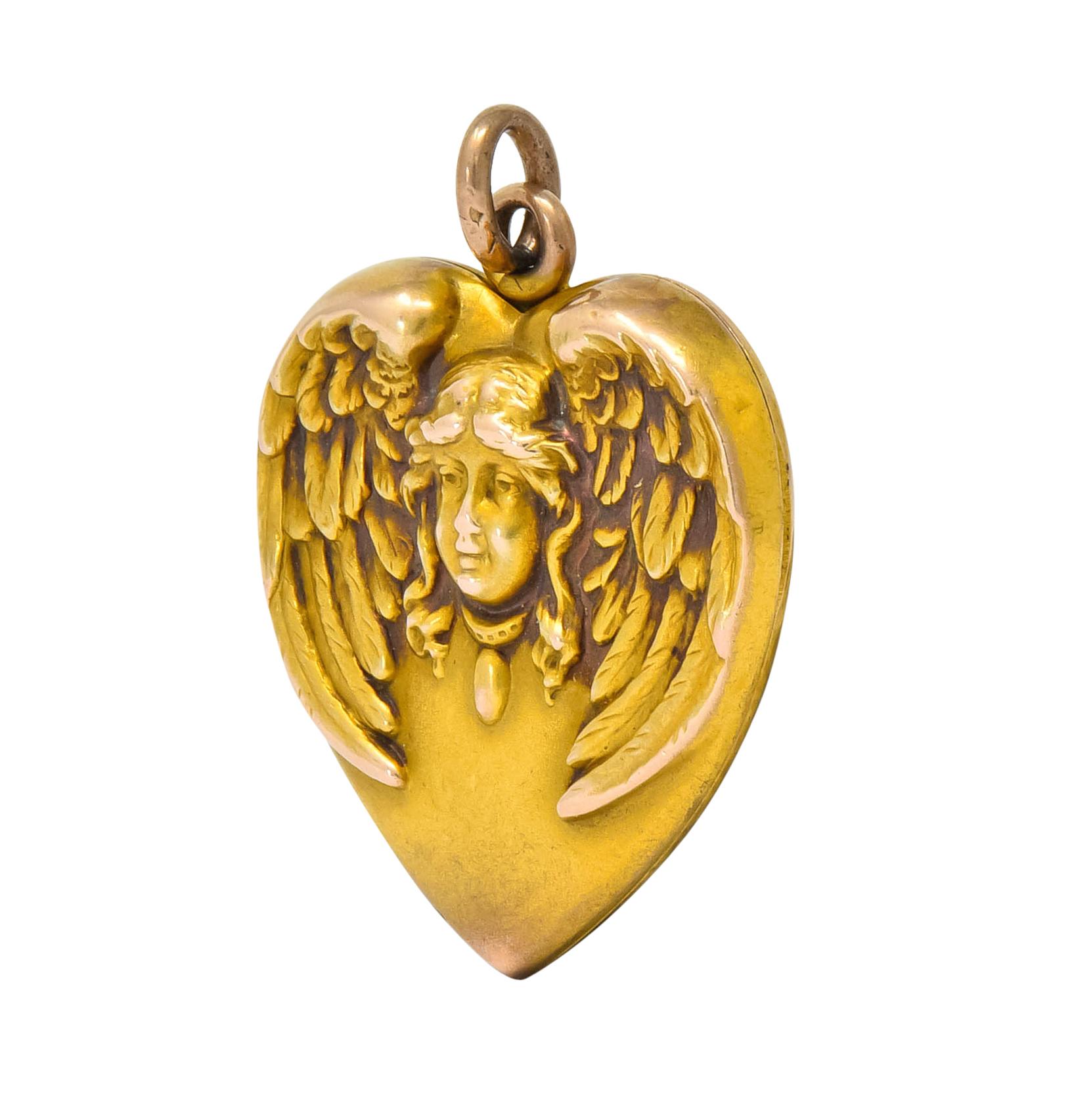 1900 Victorian 14 Karat Gold Angel Heart Locket Pendant In Excellent Condition In Philadelphia, PA