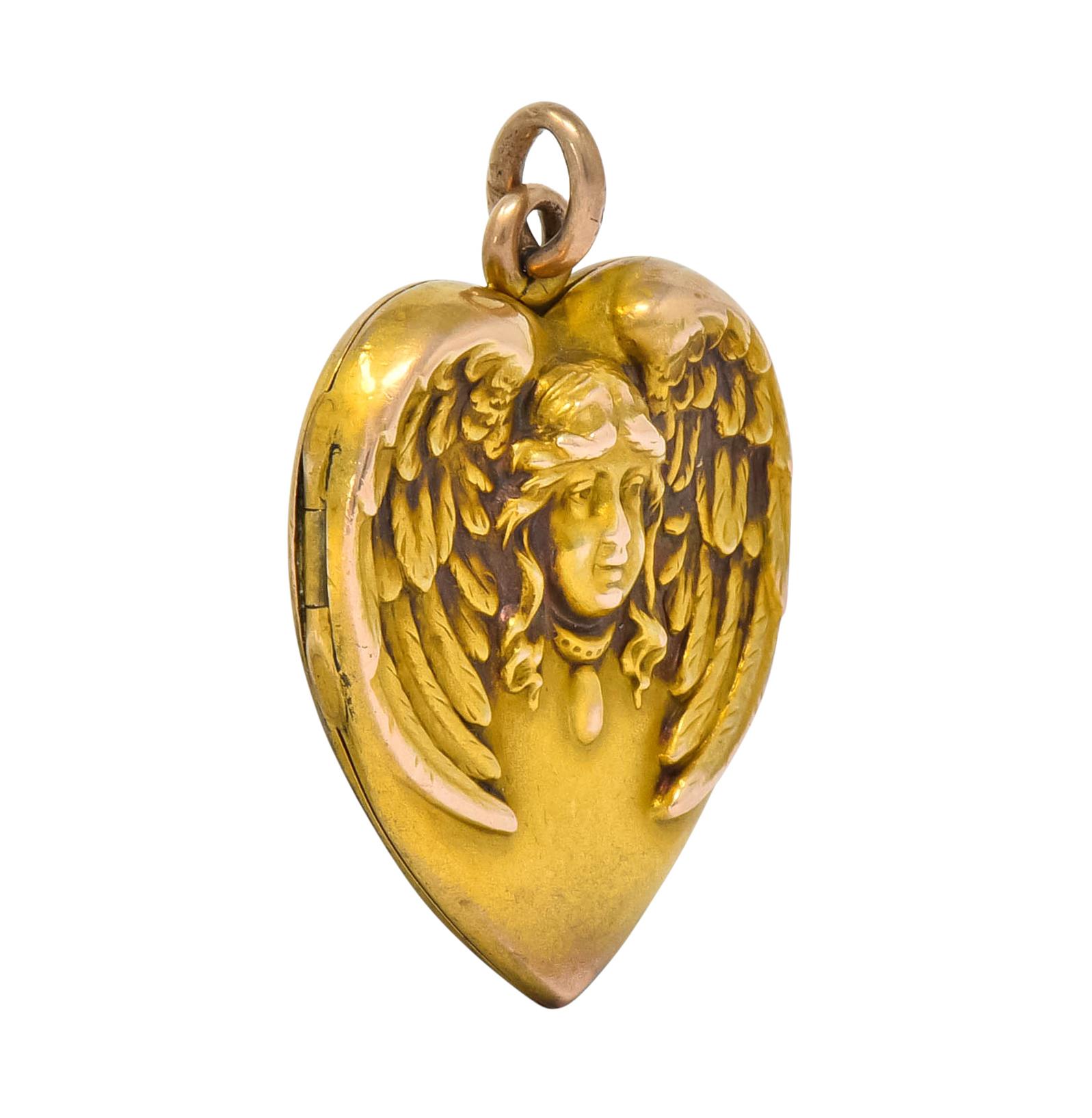 1900 Victorian 14 Karat Gold Angel Heart Locket Pendant 1