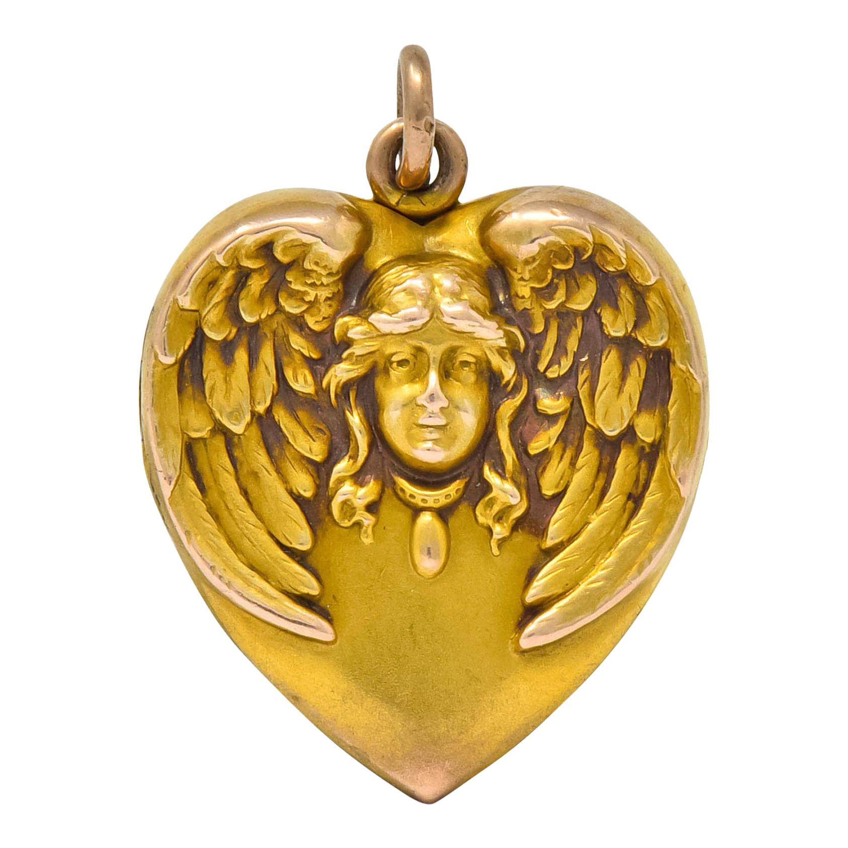 1900 Victorian 14 Karat Gold Angel Heart Locket Pendant