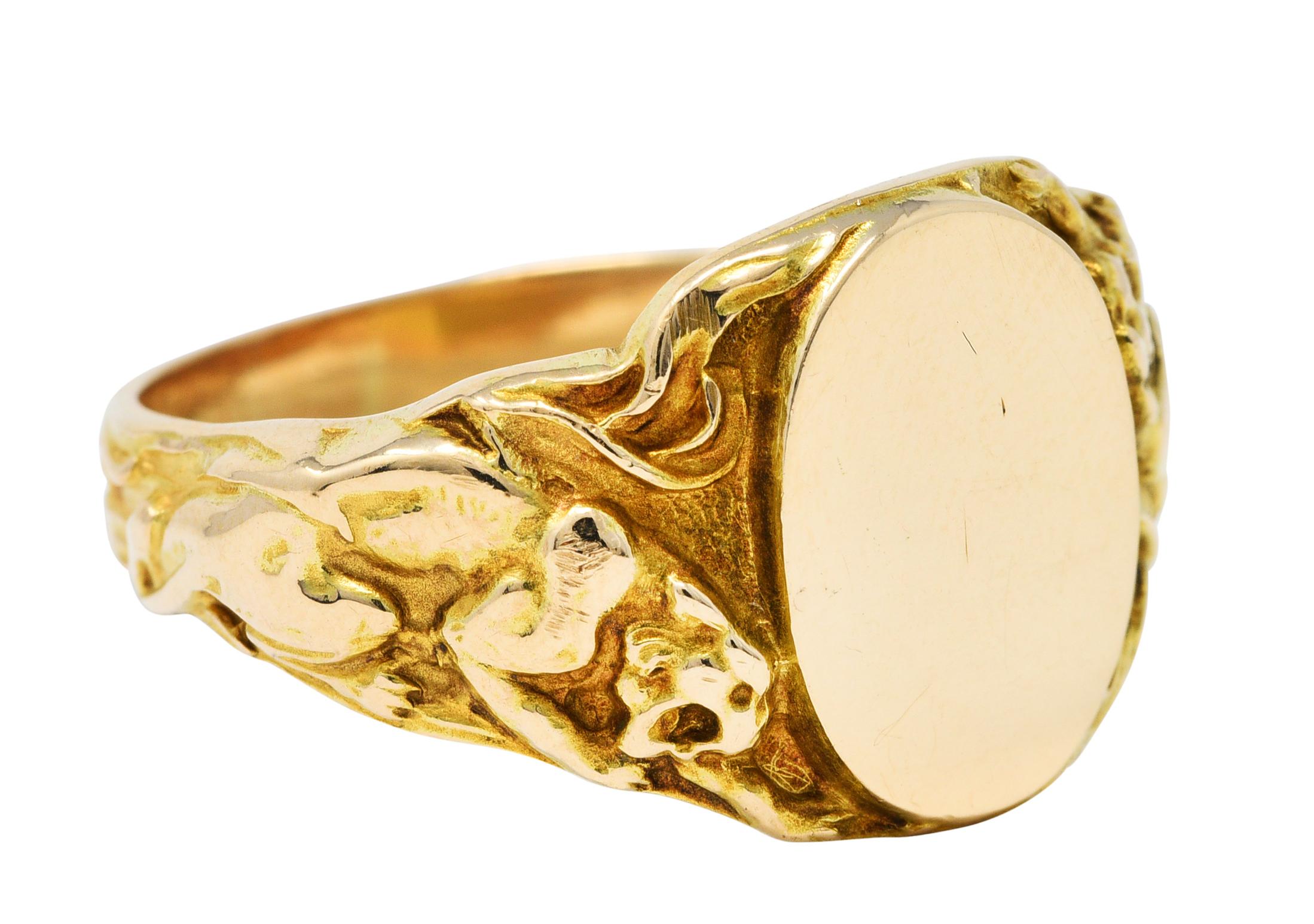 Men's 14K Yellow Gold Textured Nugget Octagon Engravable Signet Ring Size 9 