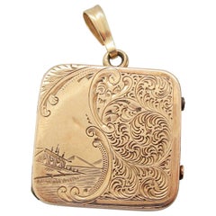 1900 Victorian 14 Karat Rose Gold Engraved Square Locket