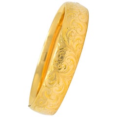 Antique 1900 Victorian 14 Karat Yellow Gold Floral Foliate Bangle Bracelet